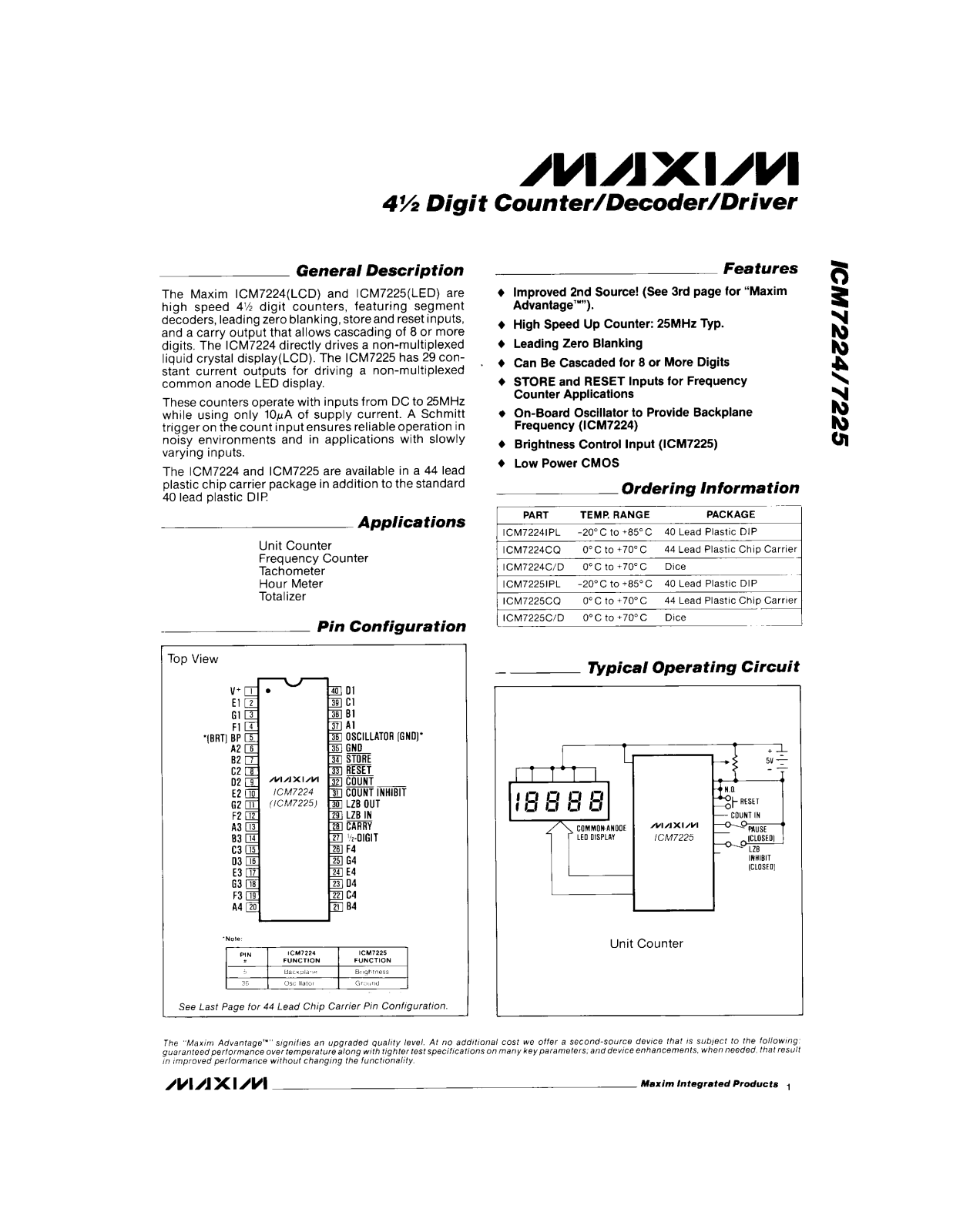 Maxim Integrated Producs ICM7224CD, ICM7224CQ, ICM7224IPL, ICM7225C-D, ICM7225CQ Datasheet