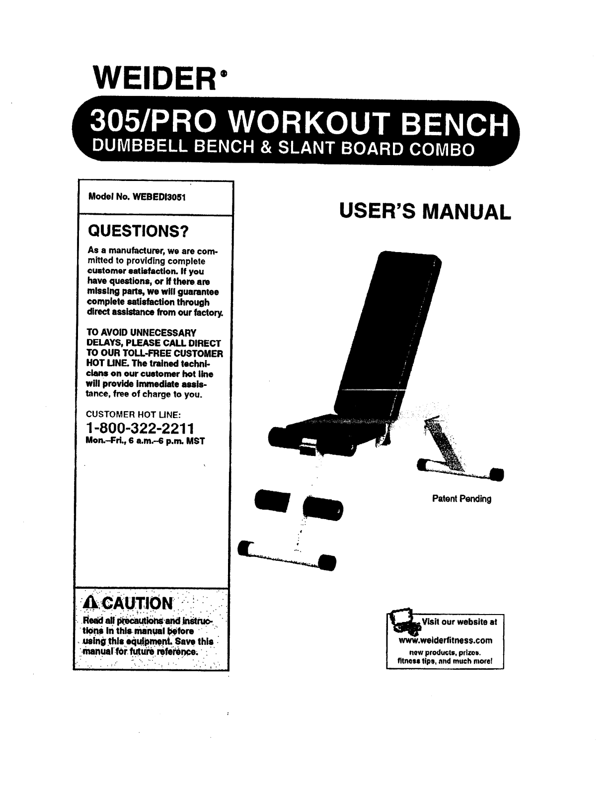 Weider 305-PRO Owner's Manual