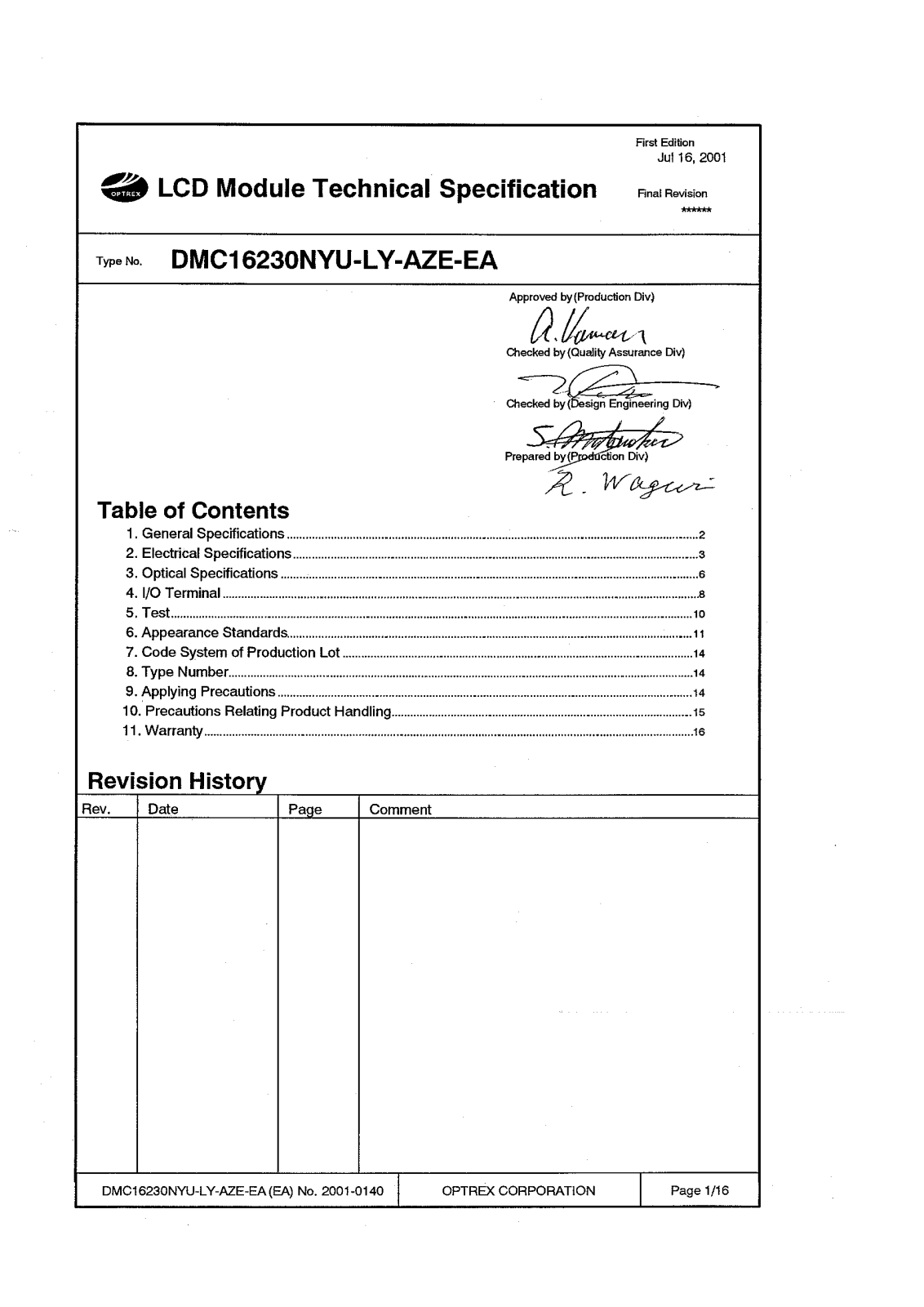 OPTREX DMC16230NYU-LY-AZE-EA Datasheet