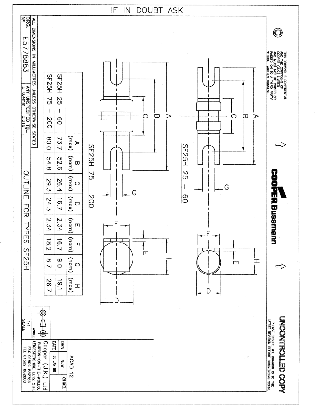 Cooper Bussmann SF25H 25-60, SF25H 75-200 Dimensional Sheet - ManualMachine.com