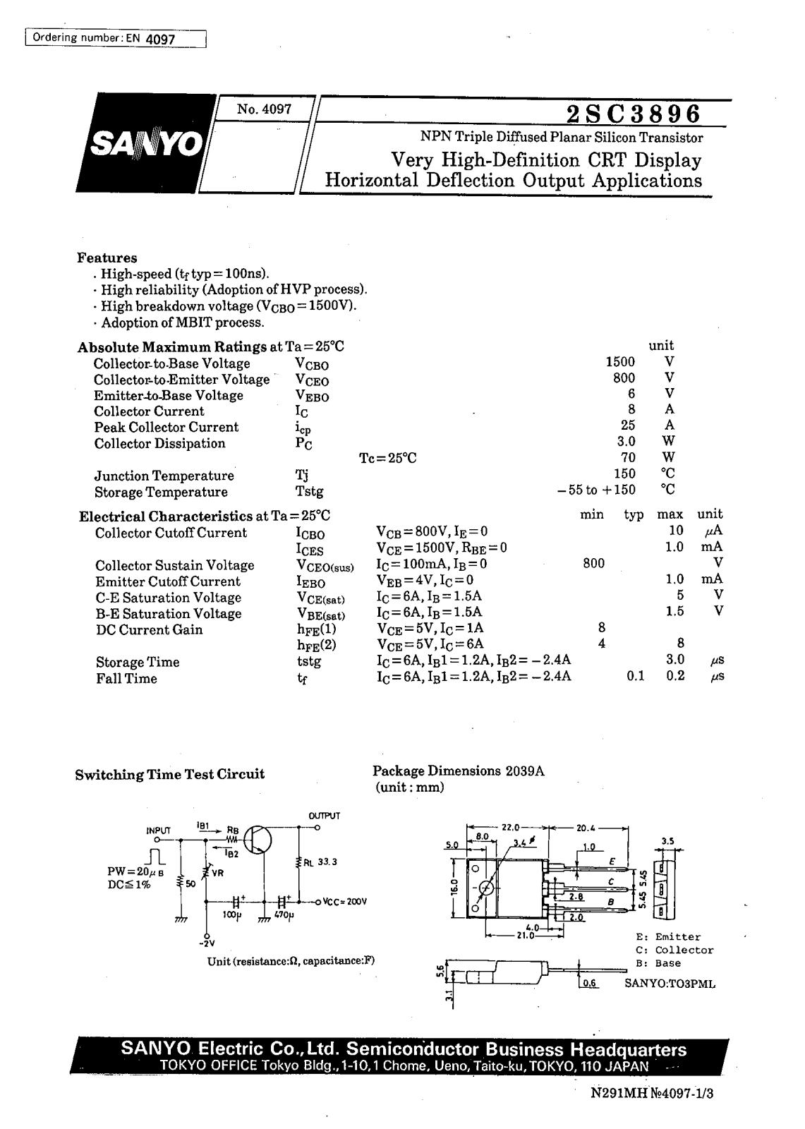 SANYO 2SC3896 Datasheet