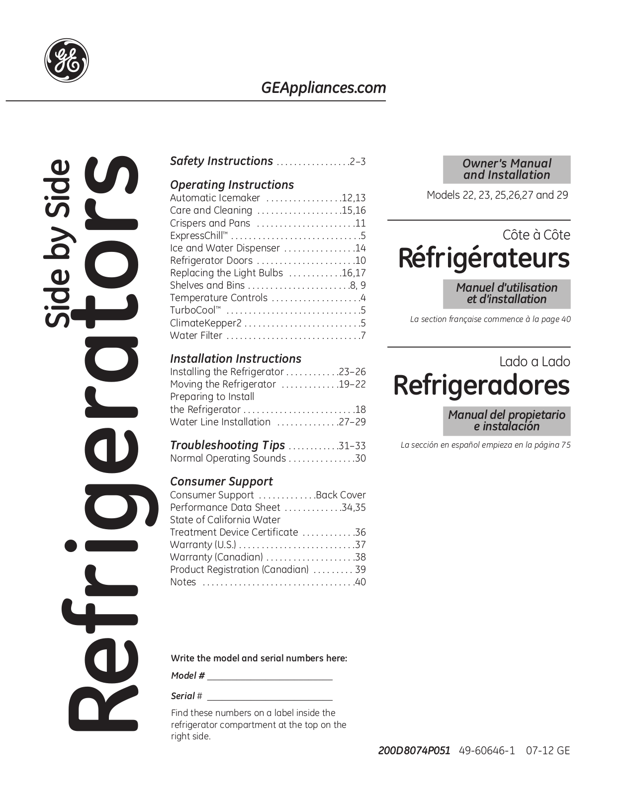 GE 22, 23, 25, 26, 27 Owner’s Manual & Installation Instructions