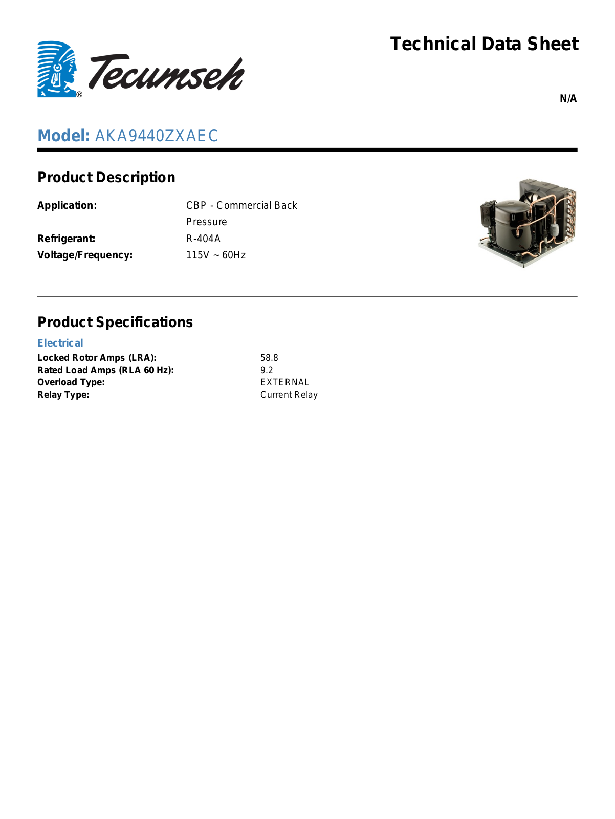 Tecumseh AKA9440ZXAEC Technical Data Sheet