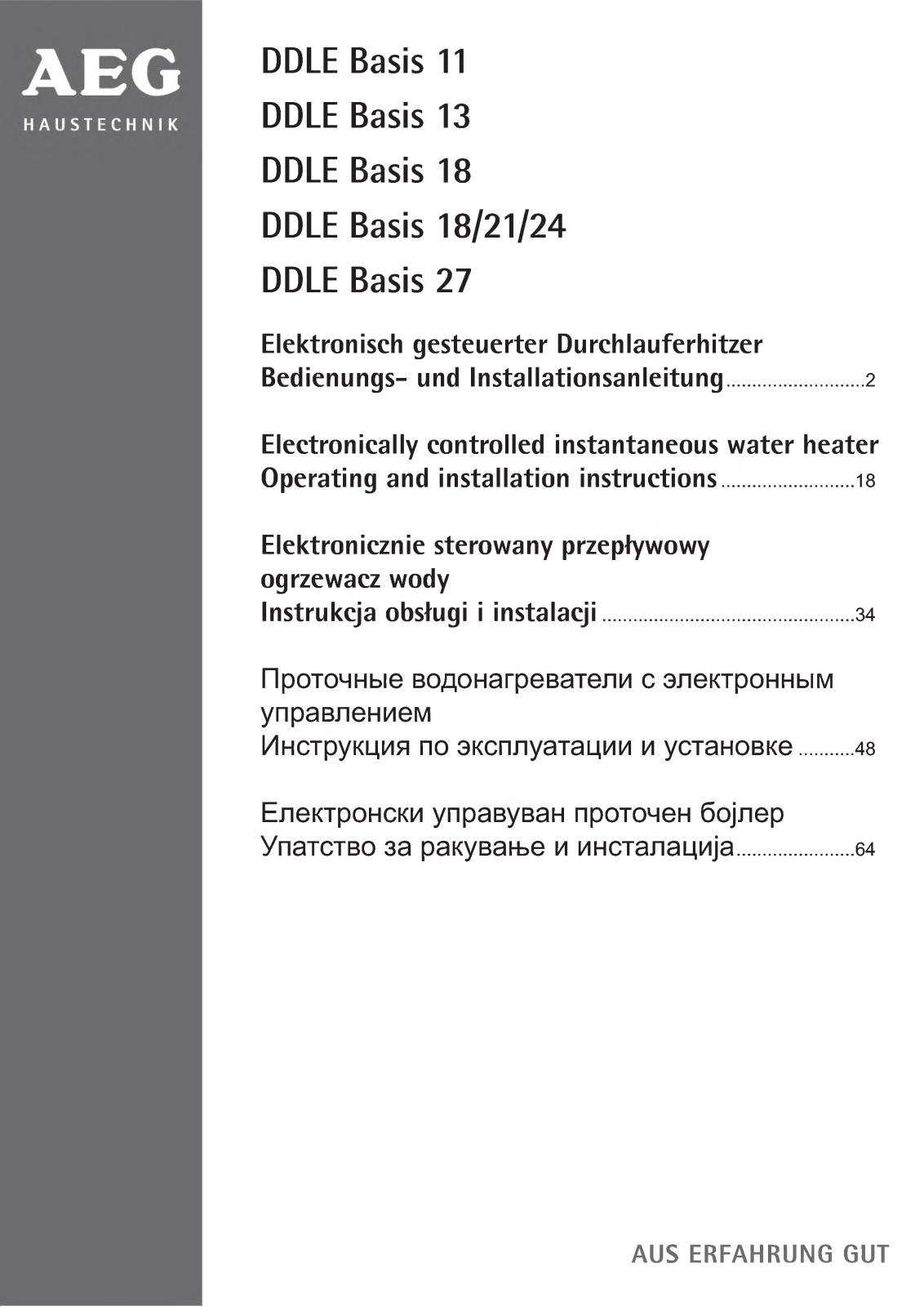 AEG DDLE Basis 11, DDLE Basis 13, DDLE Basis 18, DDLE Basis 18/21/24, DDLE Basis 27 User guide