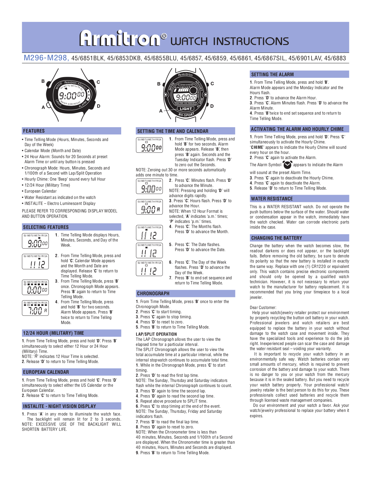 Armitron M296, 45-6967PNK, 45-6975RED, M298 User Manual