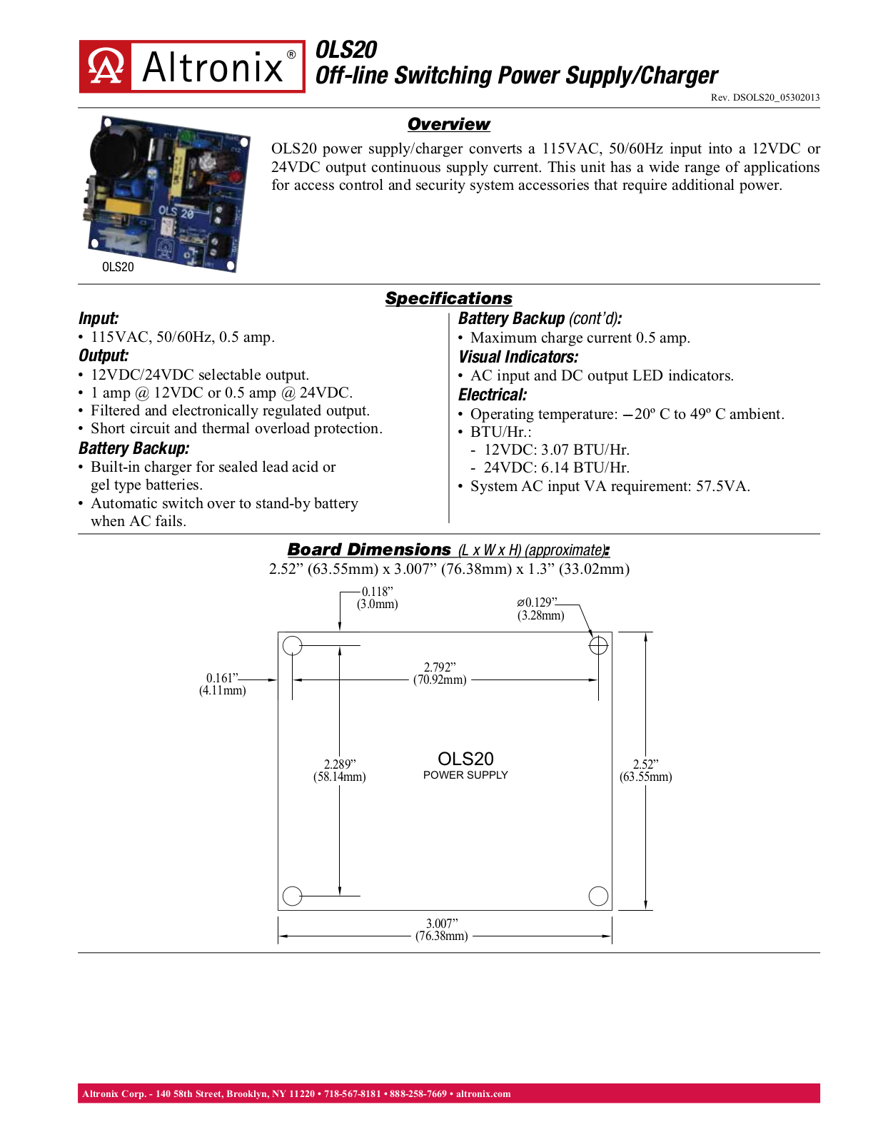 Altronix OLS20 Data Sheet