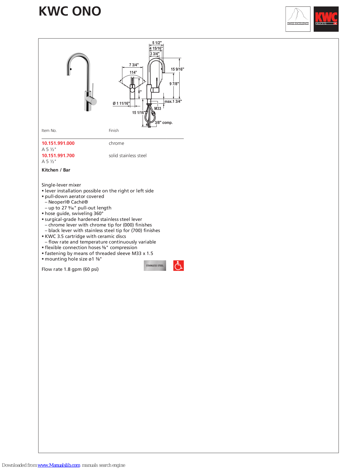 KWC ONO 10.151.991, ONO 10.151.991.700 Specification Sheet