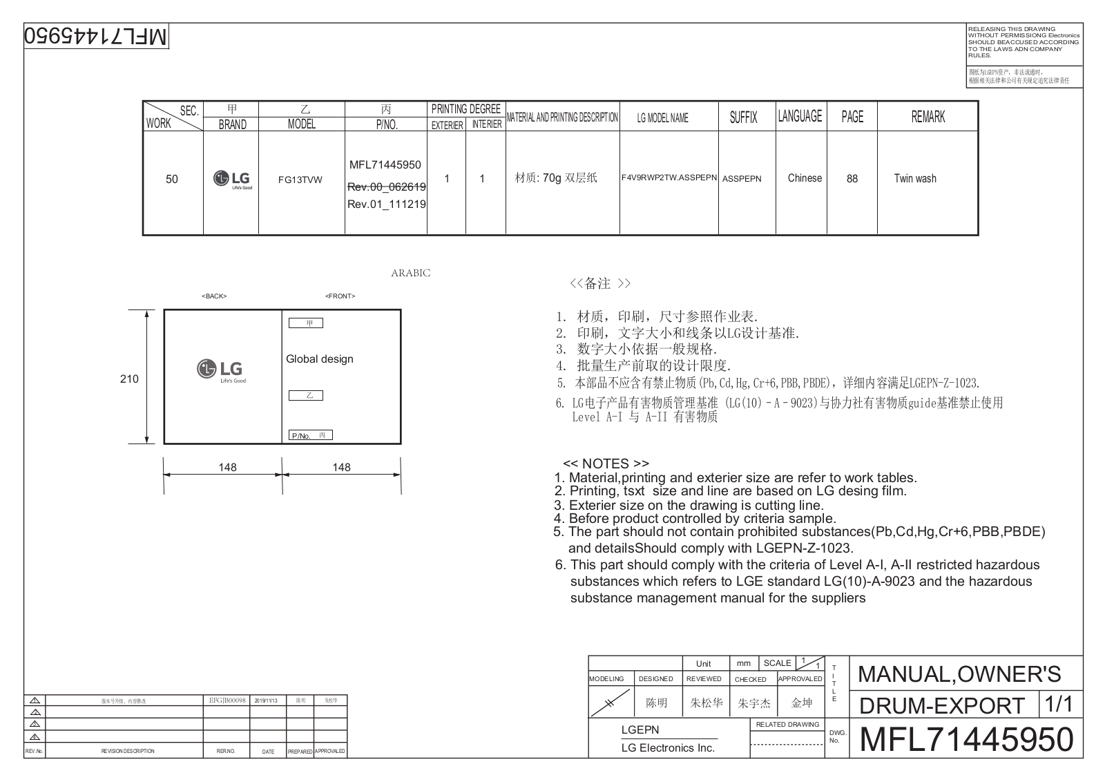 LG FG13TVW Users guide