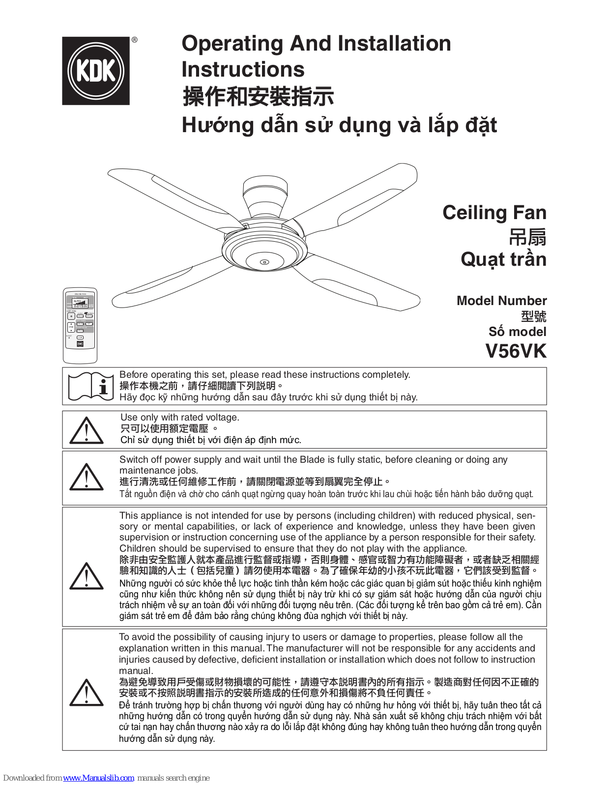 KDK V56VK, v60wk Operating And Installation Instructions