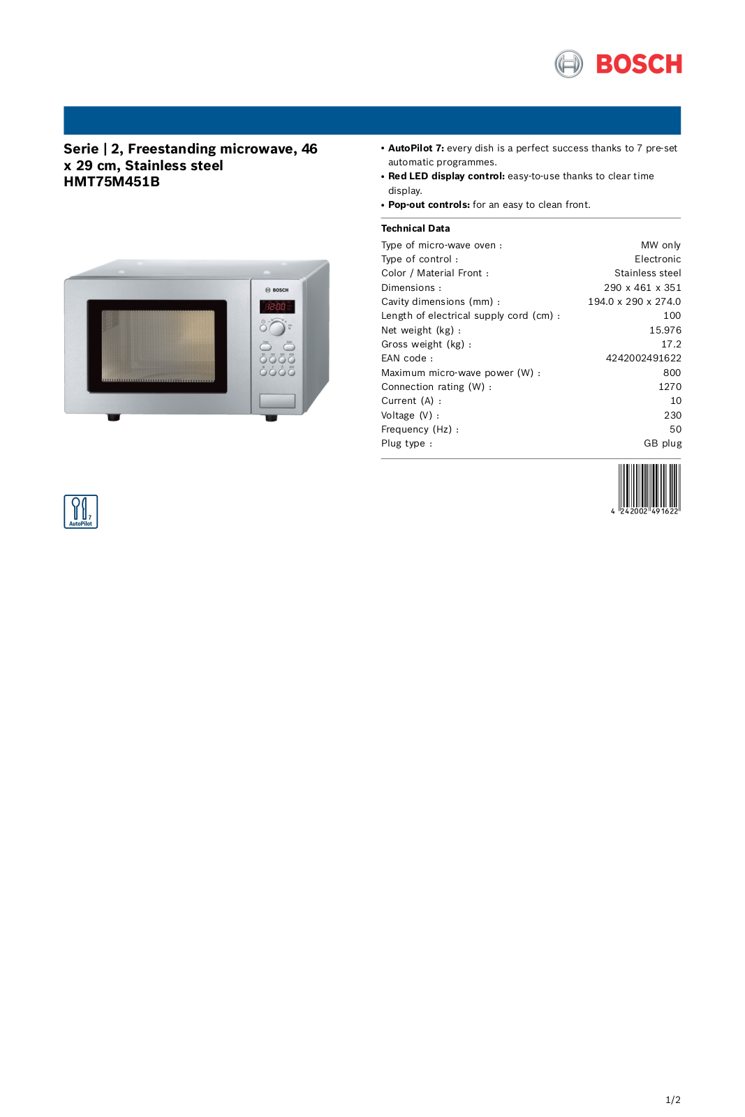 Bosch HMT75M451B Product spec sheet