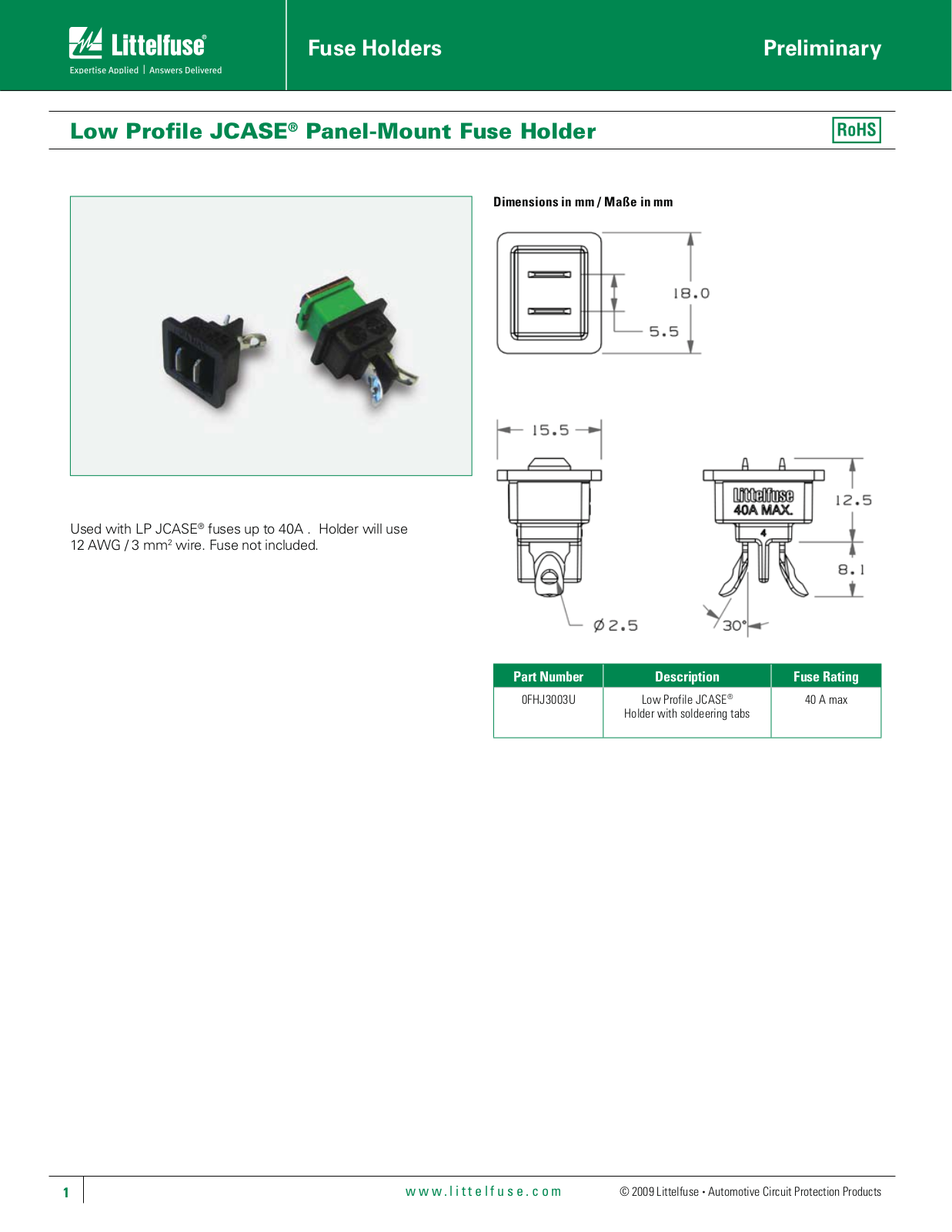 Littelfuse Low Profile JCASE Holder User Manual