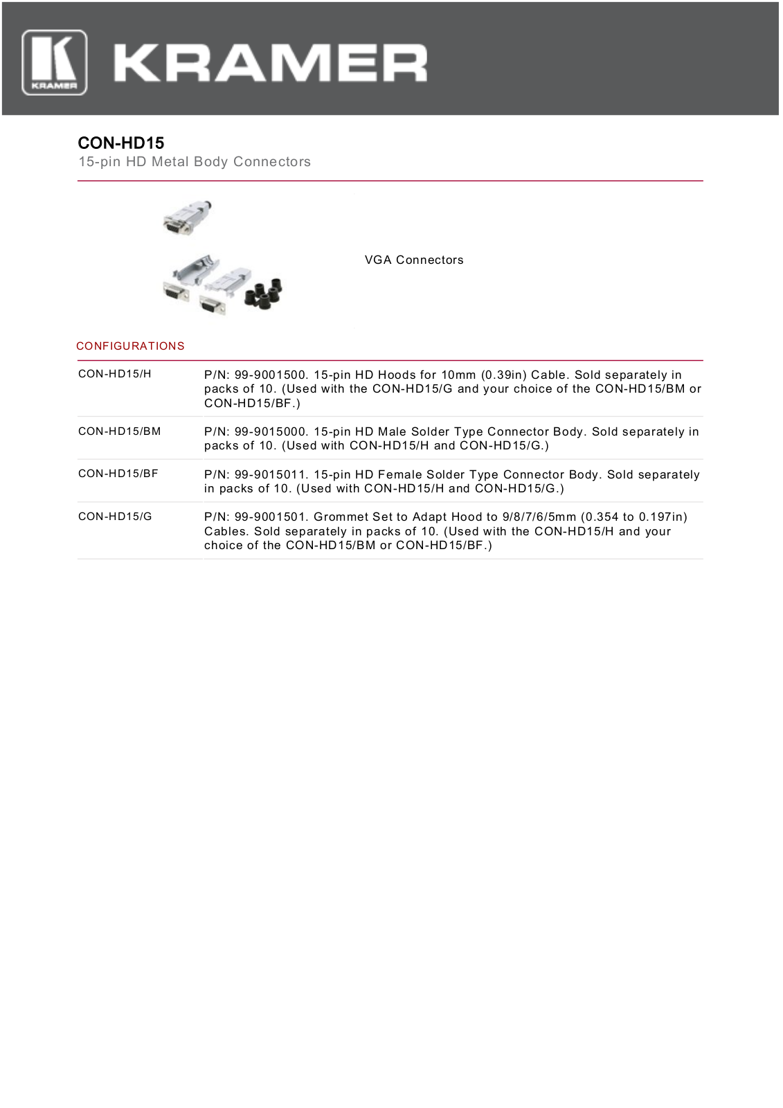 Kramer CON-HD15/H Data Sheet