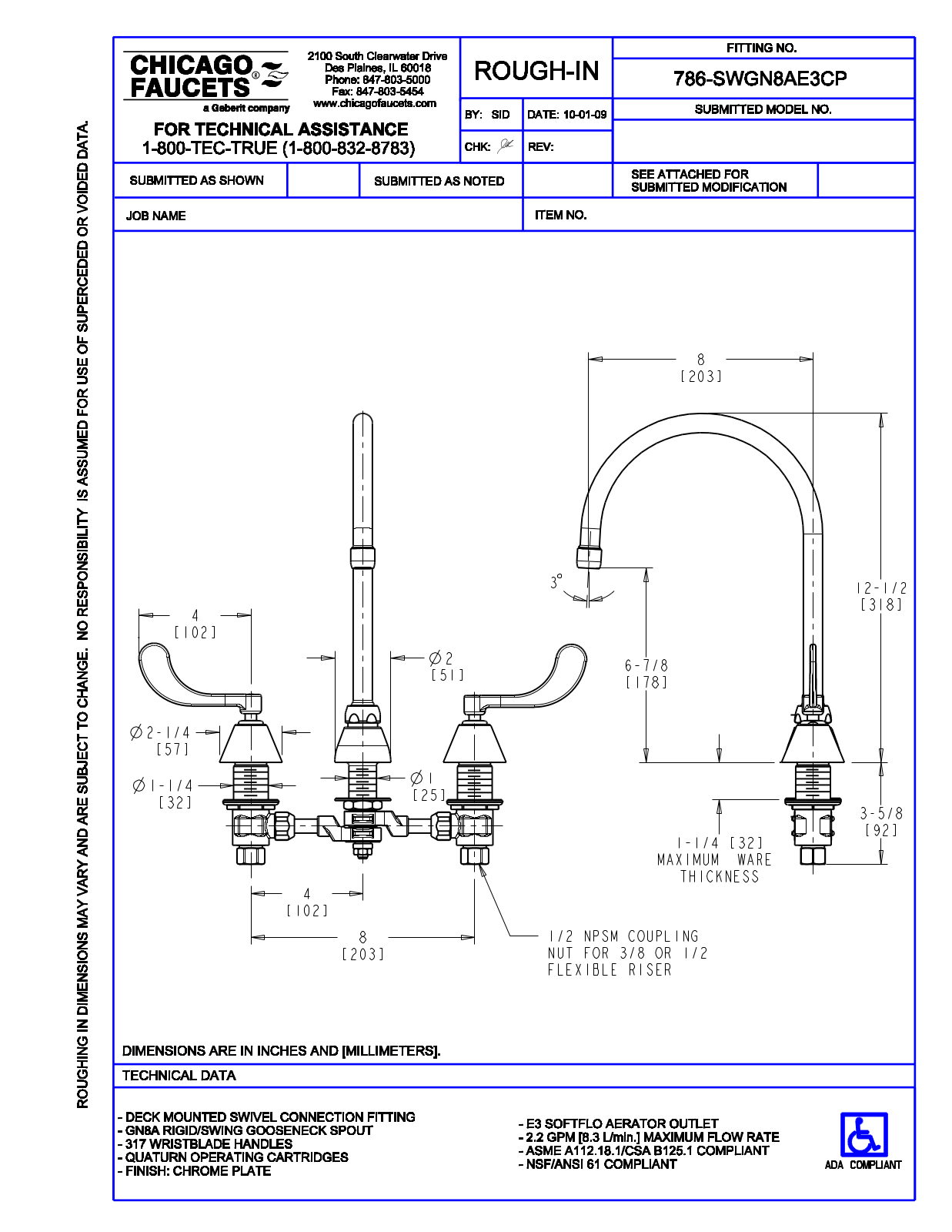 Chicago Faucet 786-SWGN8AE3CP User Manual