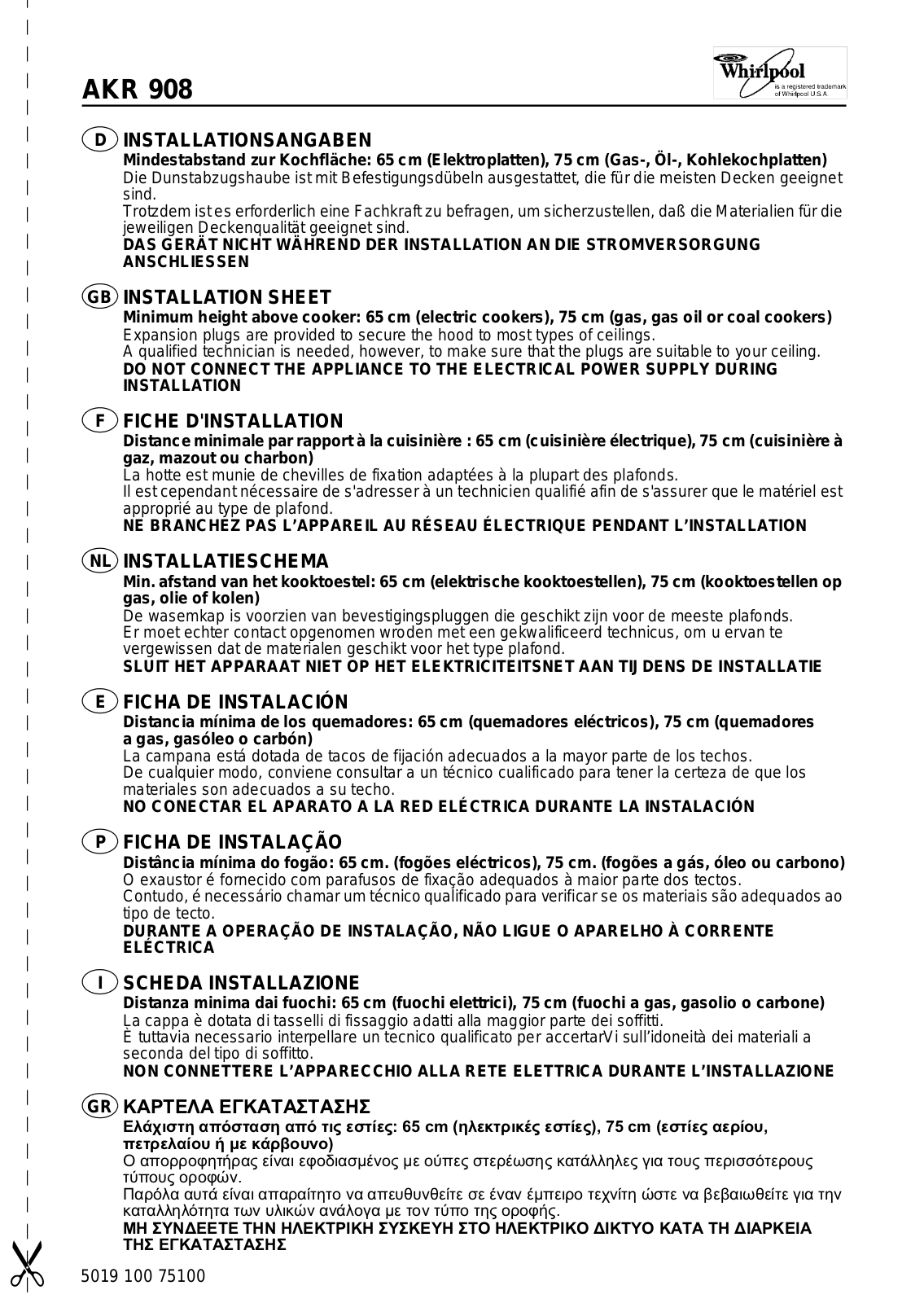 Whirlpool AWE/D 1009 EX PROGRAM CHART