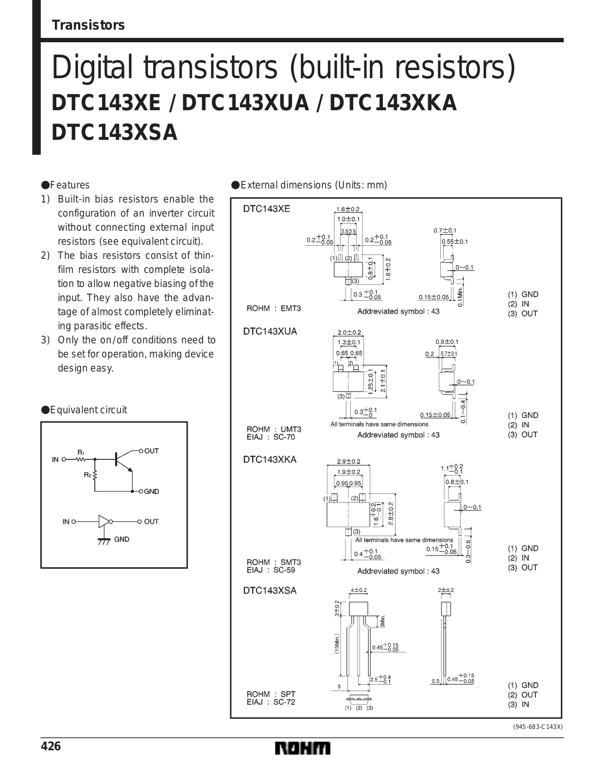 ROHM DTC143XUA, DTC143XSA, DTC143XKA, DTC143XE Datasheet