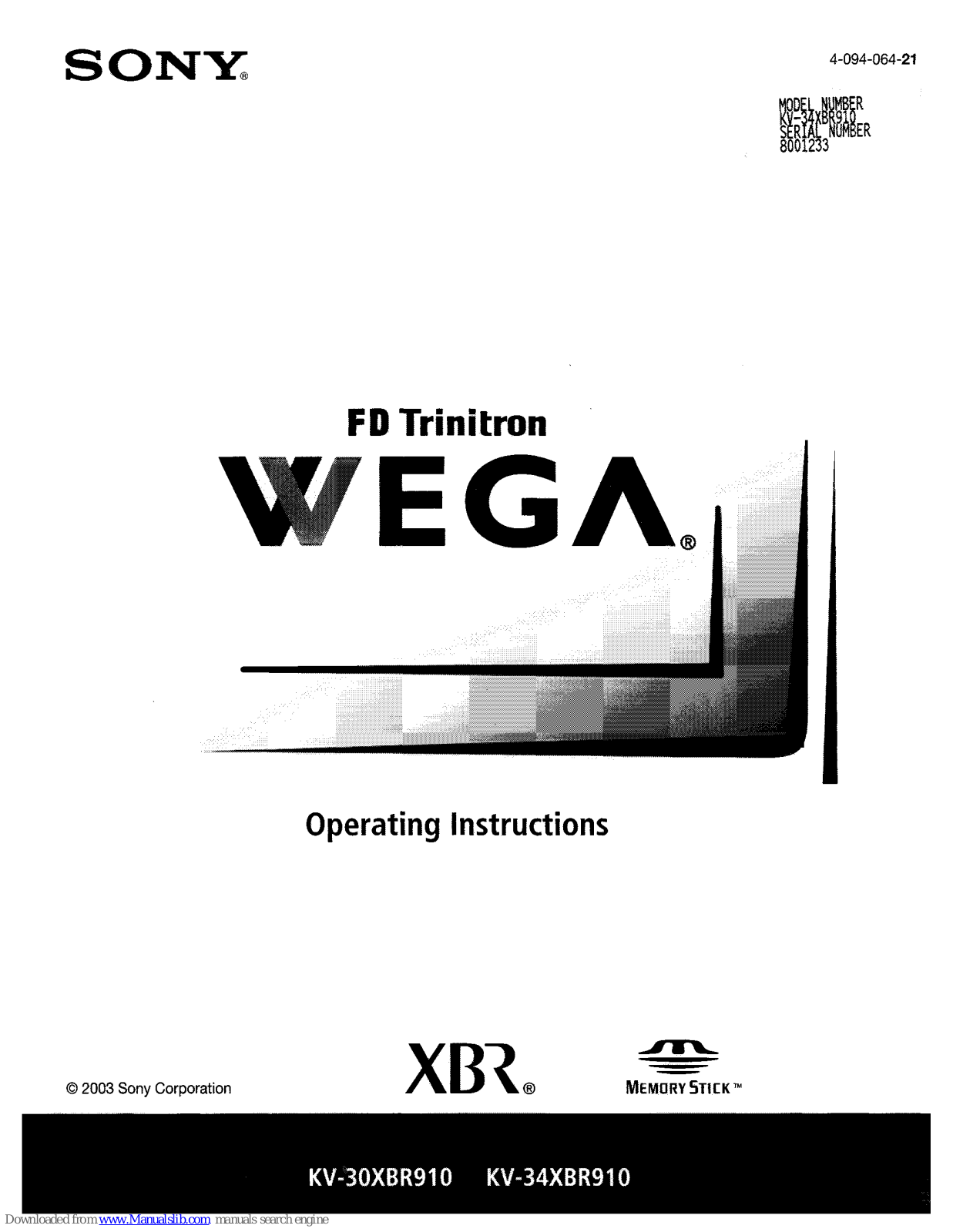 Sony FD Trinitron Vega KV-30XBR910, FD Trinitron Vega KV-34XBR910 Operating Instructions Manual