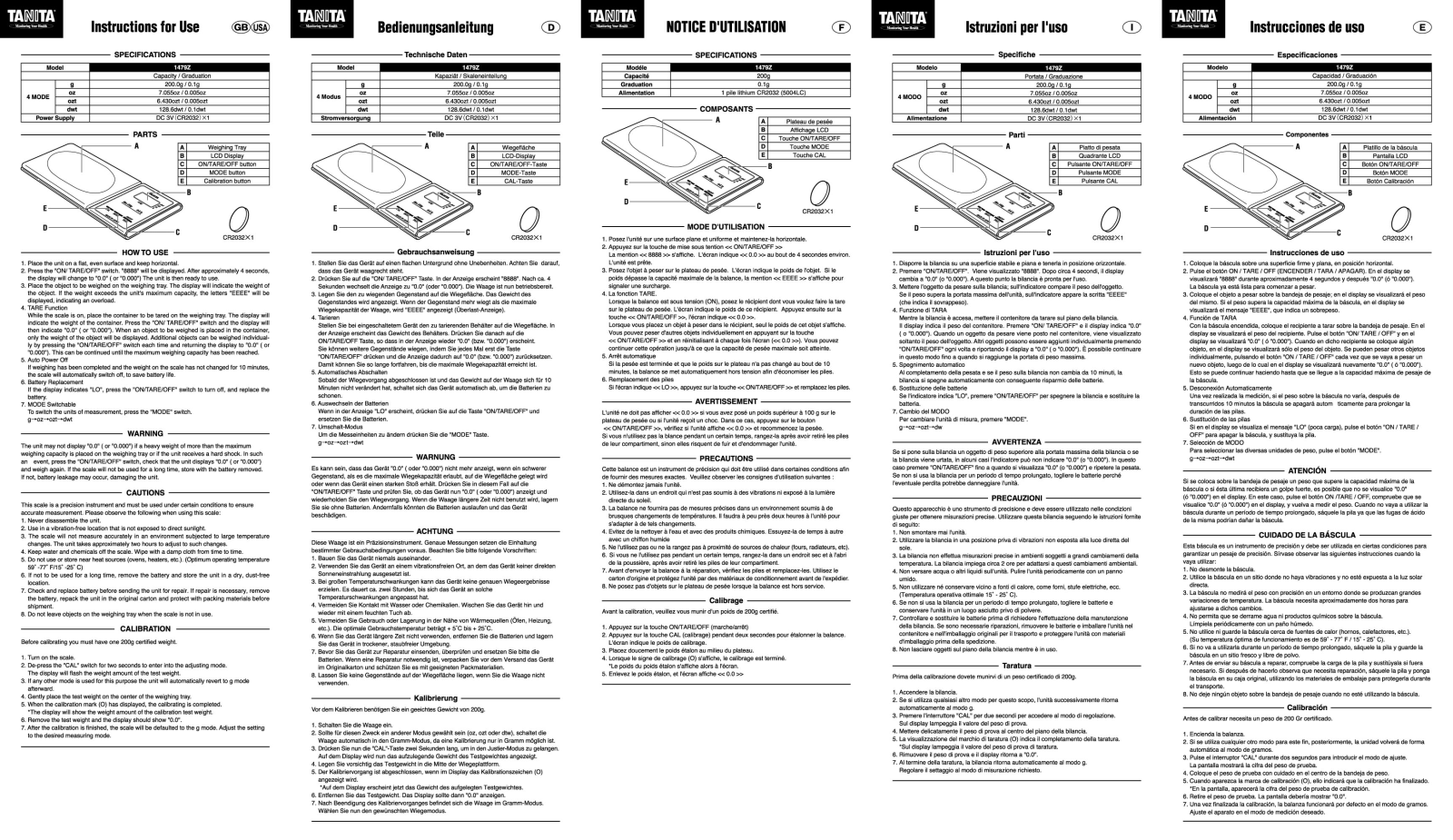 Tanita 1479Z Owner's Manual