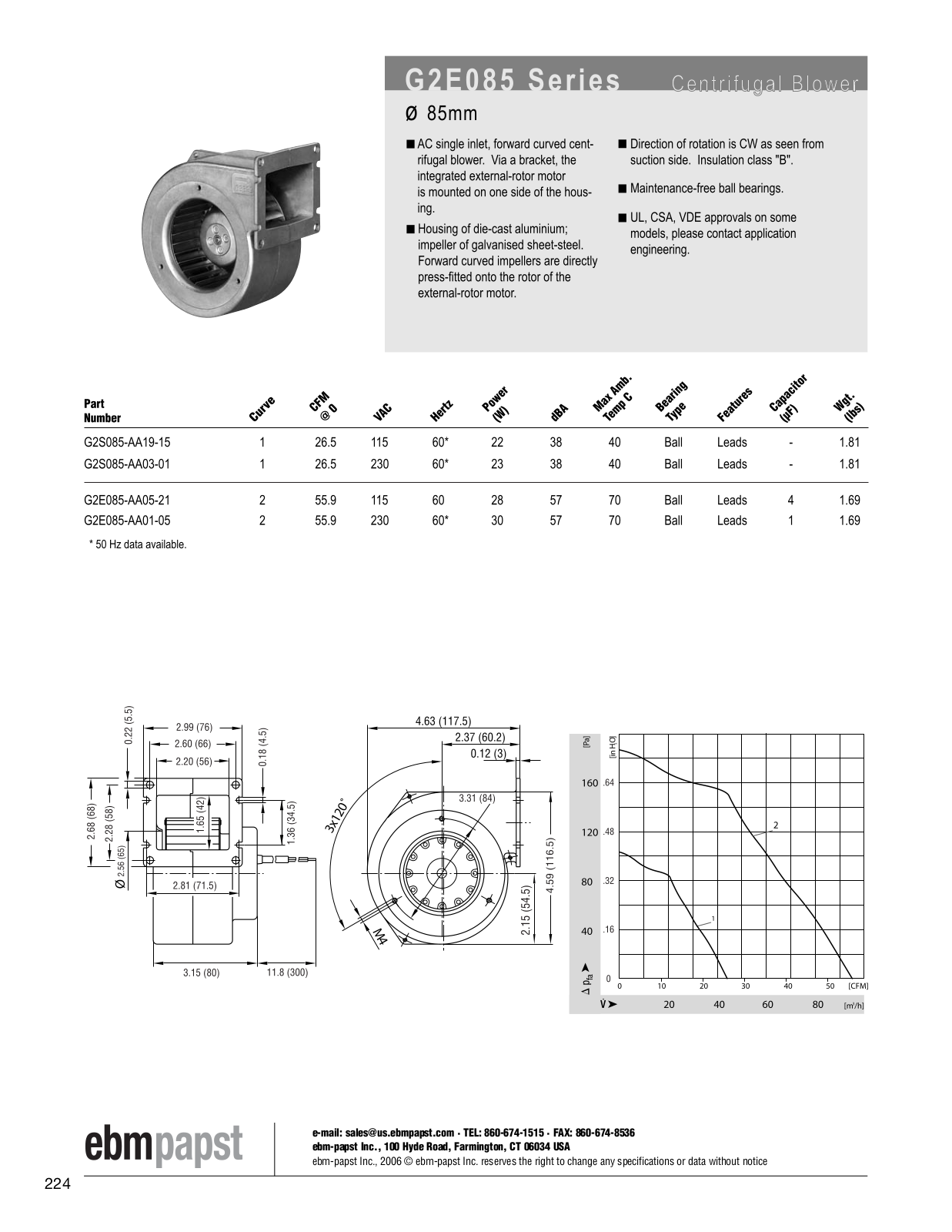 ebm-papst Centrifugal Blower Series G2E085 Catalog Page