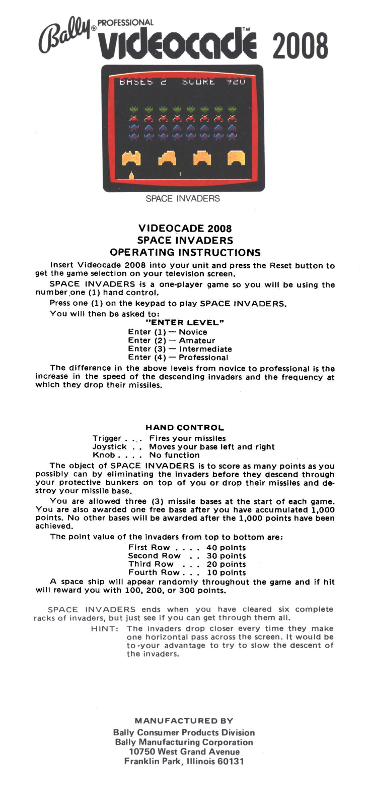 Bally Space Invaders User guide