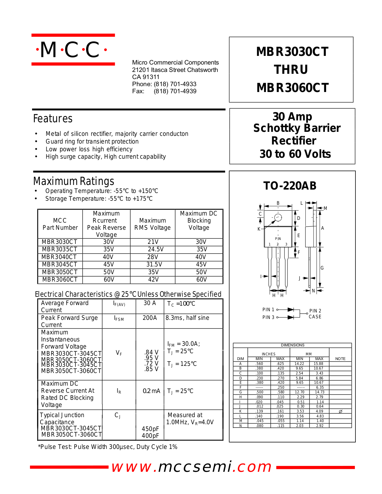 MCC MBR3030CT, MBR3040CT, MBR3035CT, MBR3060CT, MBR3045CT Datasheet