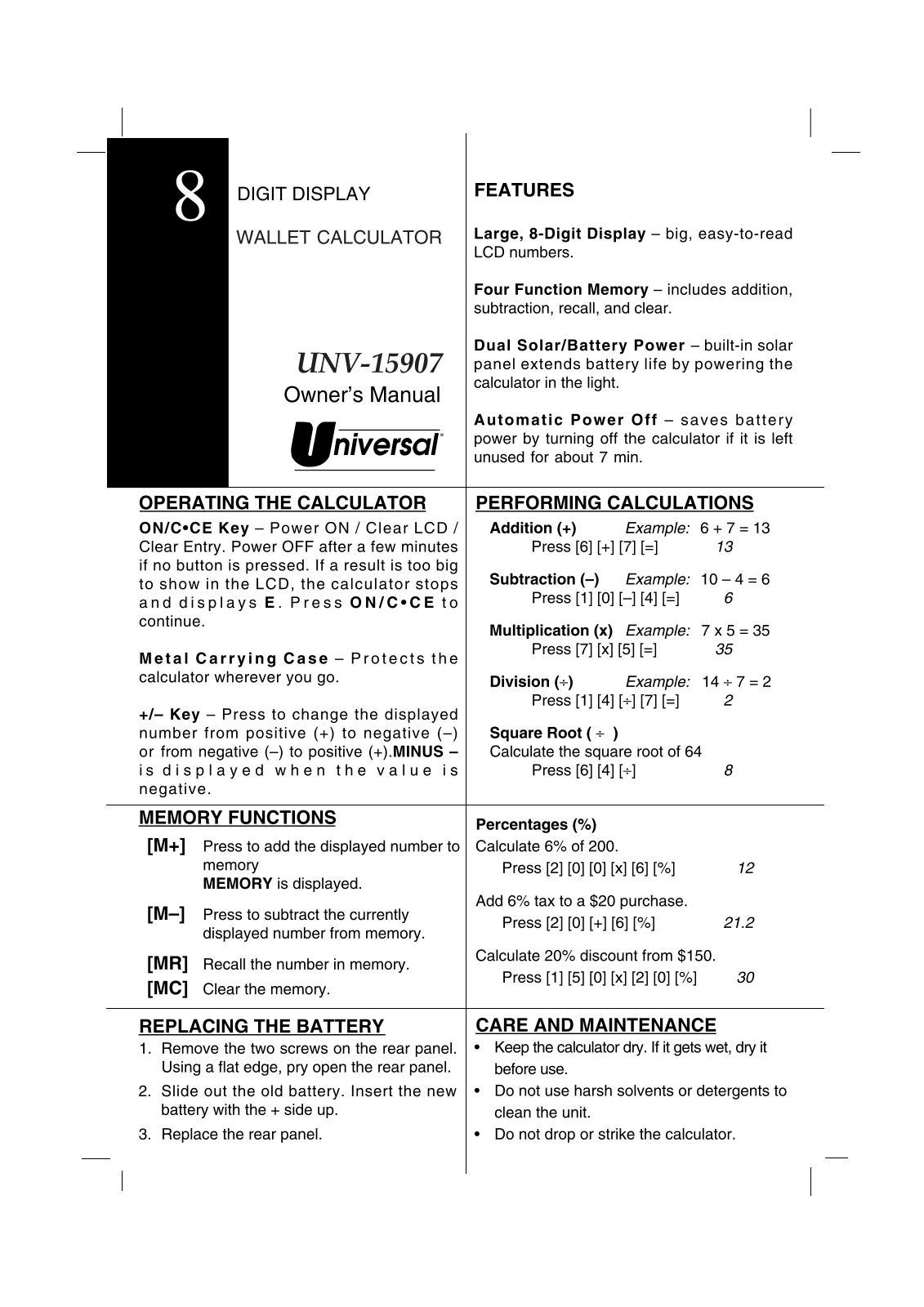 Universal Microelectronic UNV-15907 User Manual