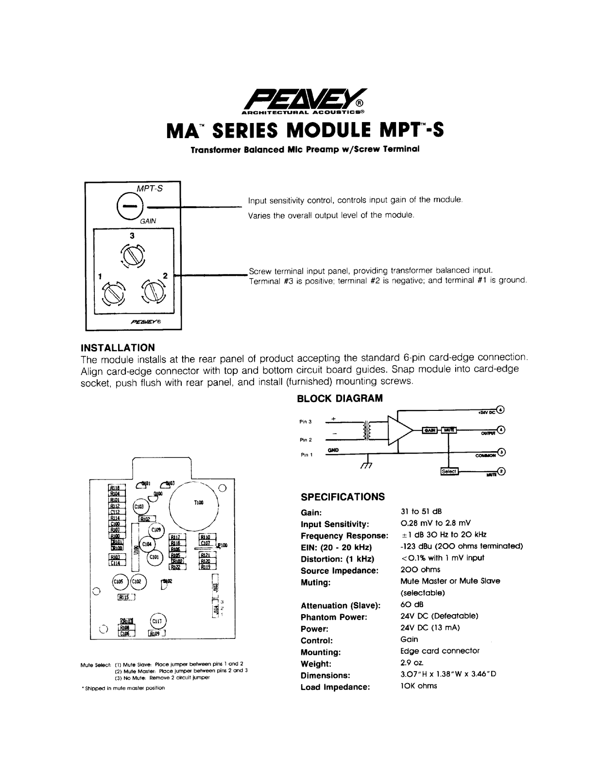 Peavey MA Series MODULE MPT-s INSTALLATION GUIDE