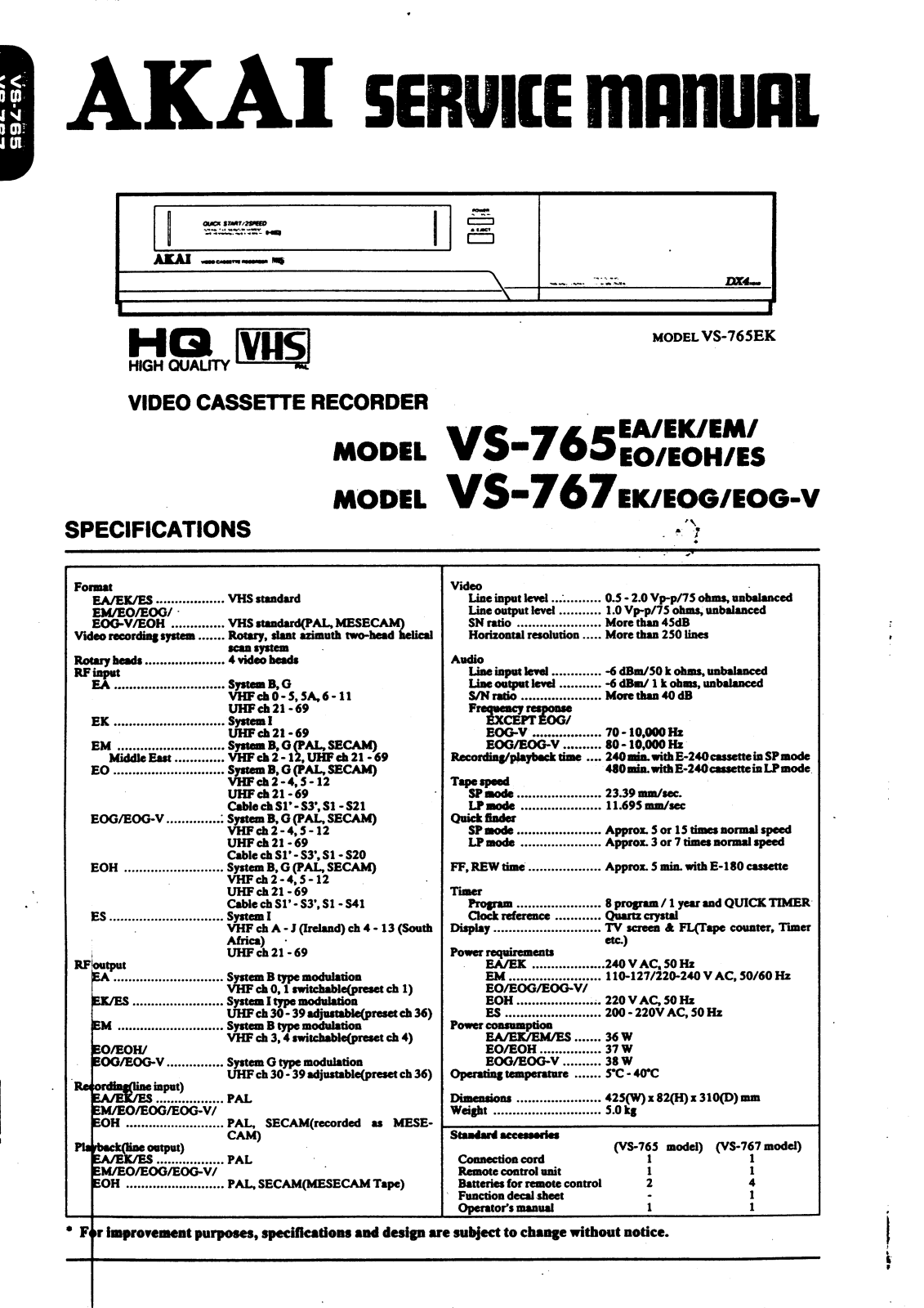 Akai VS-767, VS-765 Service Manual