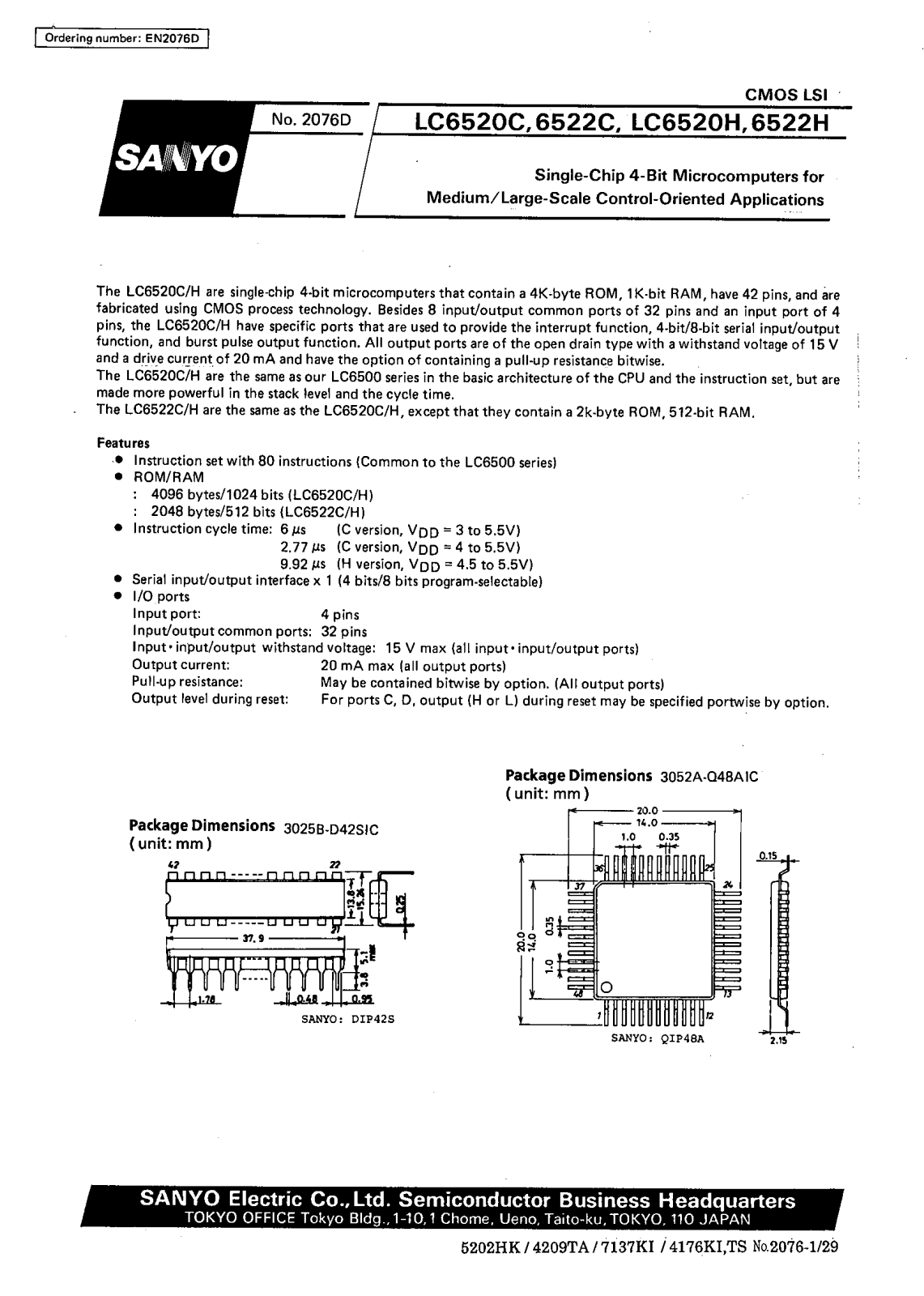 SANYO LC6522H, LC6522C, LC6520H, LC6520C Datasheet