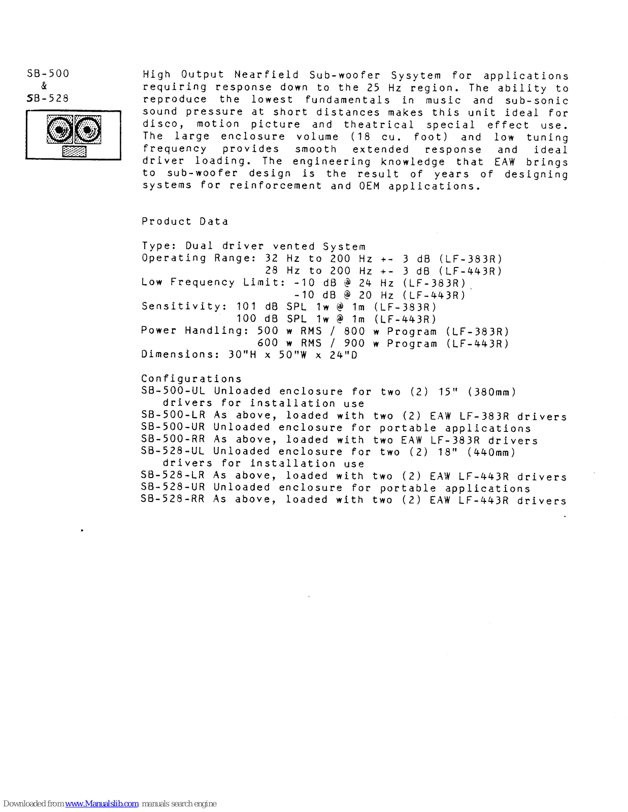 EAW SB-500, SB-528 Product Data