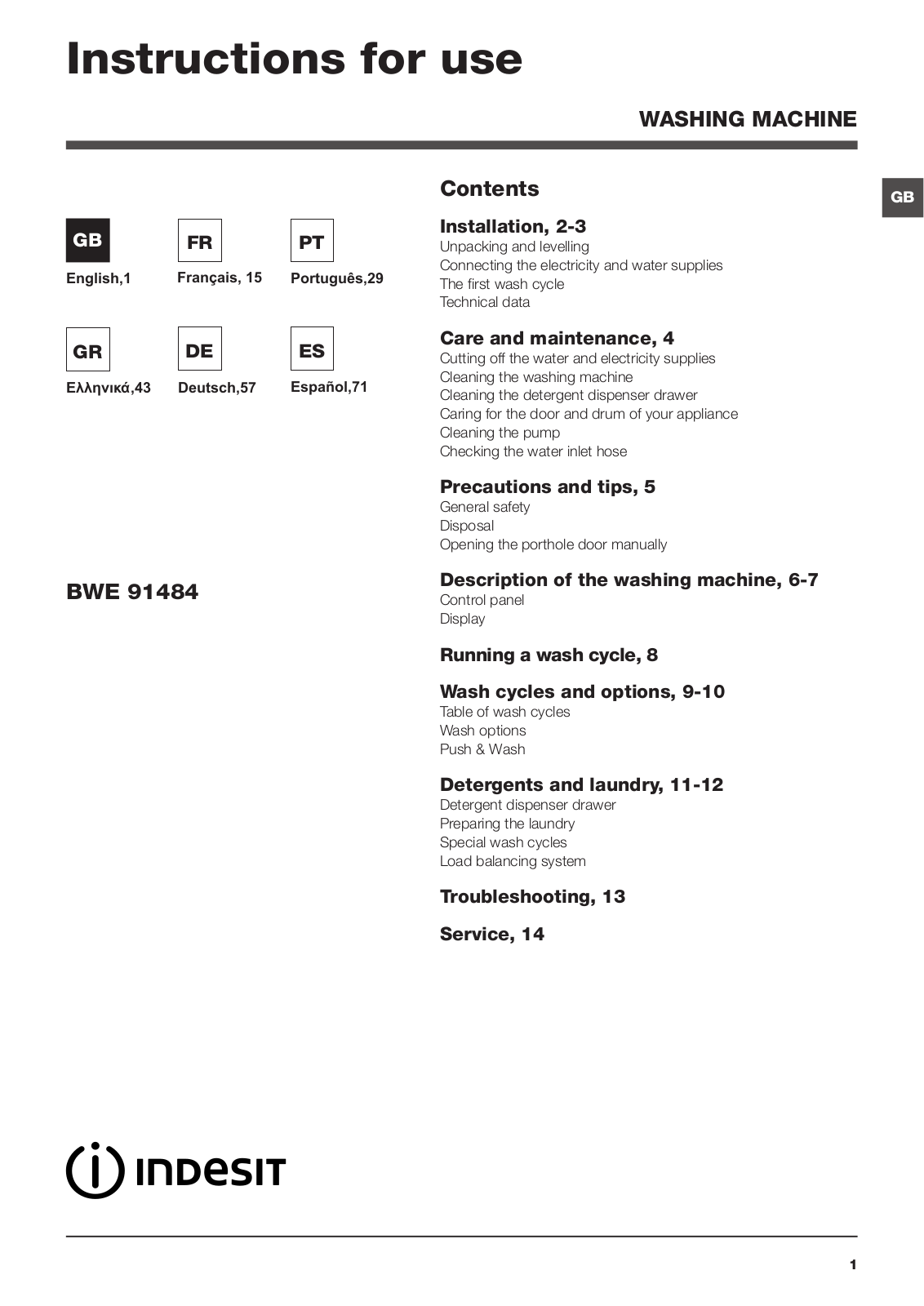 INDESIT BWE 91484X W EU User Manual