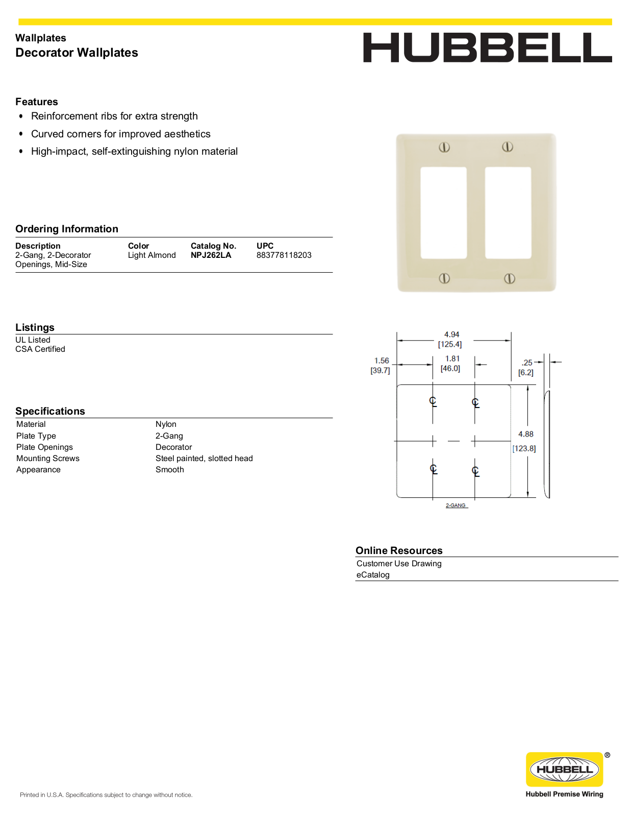 Hubbell NPJ262LA Specifications