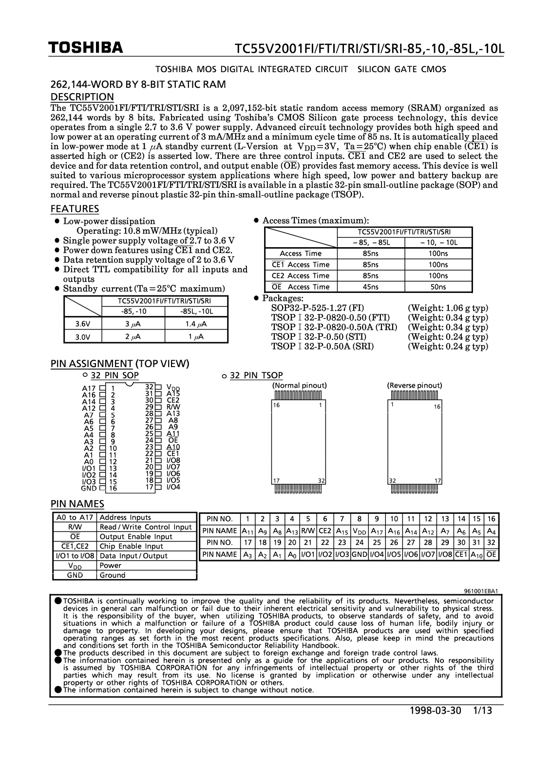 Toshiba TC55V2001STI-10L, TC55V2001FTI-10, TC55V2001STI-10 Datasheet