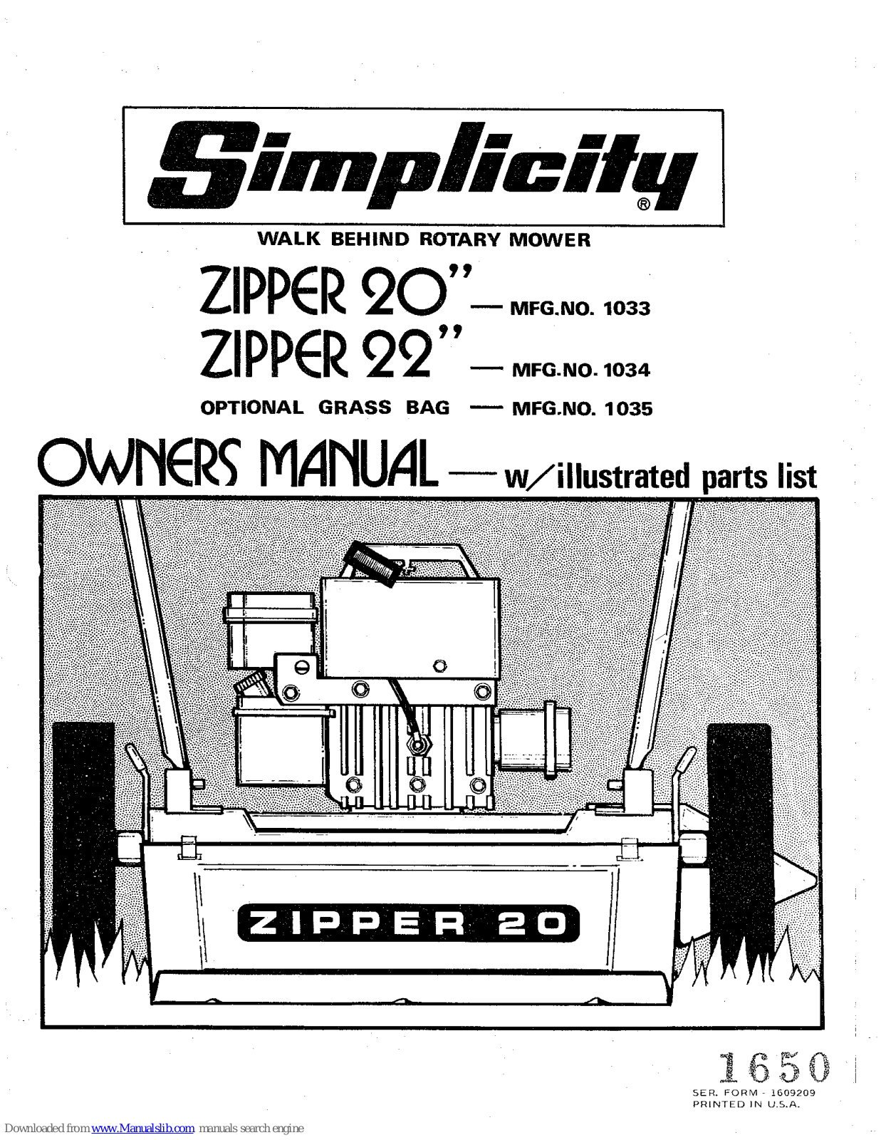 Simplicity Zipper 1033, ZIPPER 1035, Zipper 1034, Zipper 20, Zipper 22 Owner's Manual