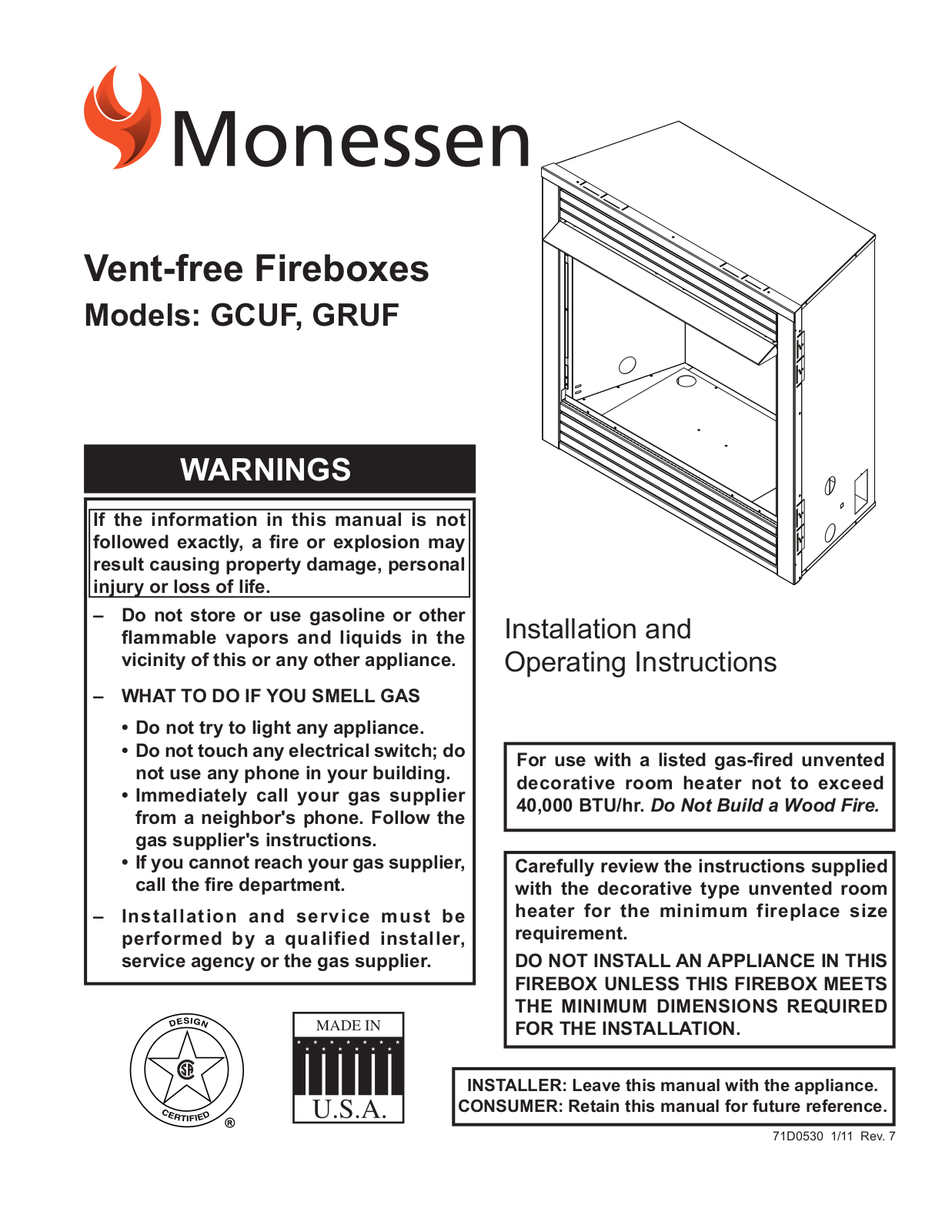 Monessen GCUF36CF, GCUF32CF, GRUF42CF, GCUF42CF User Manual