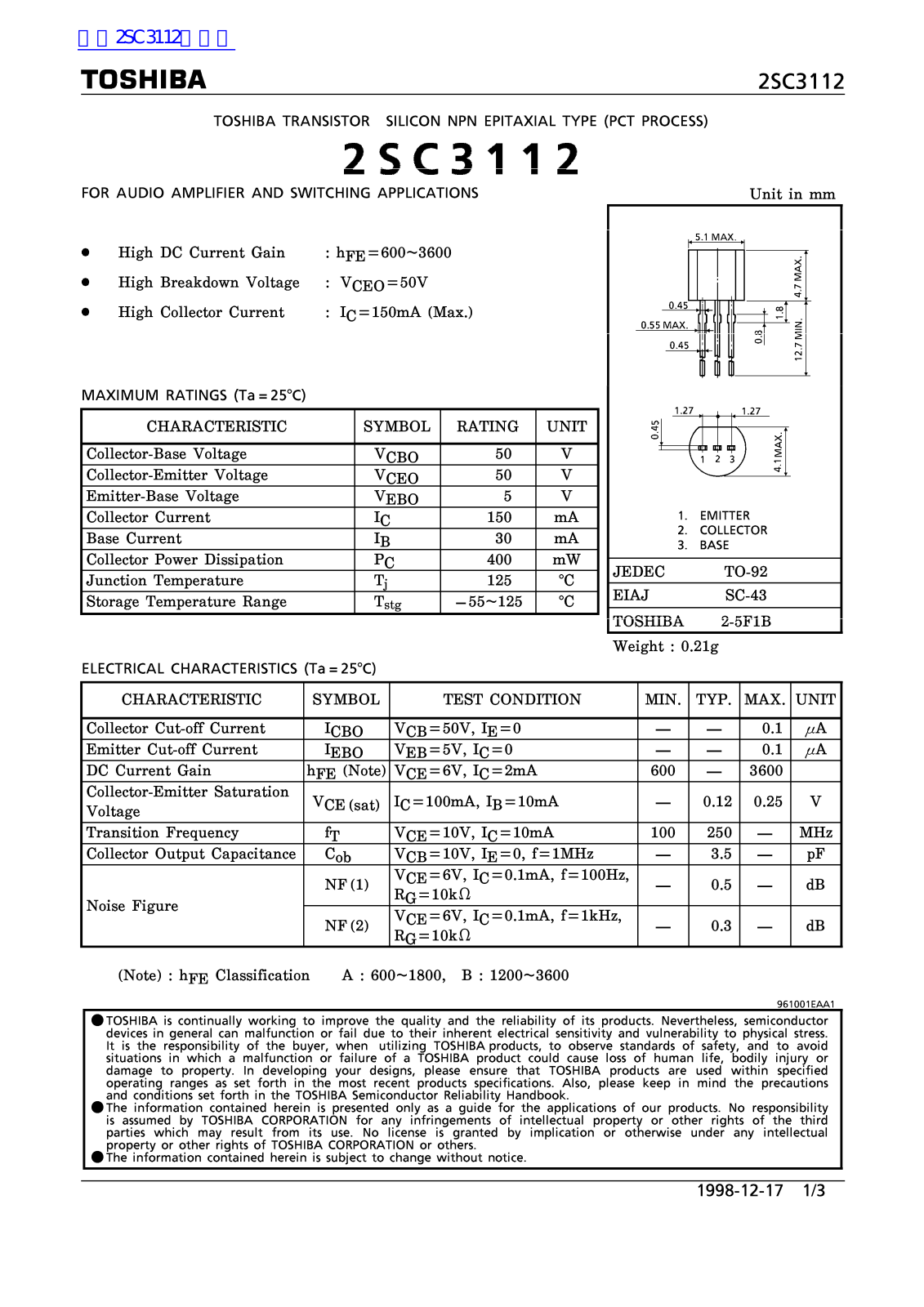 TOSHIBA 2SC3112 Technical data