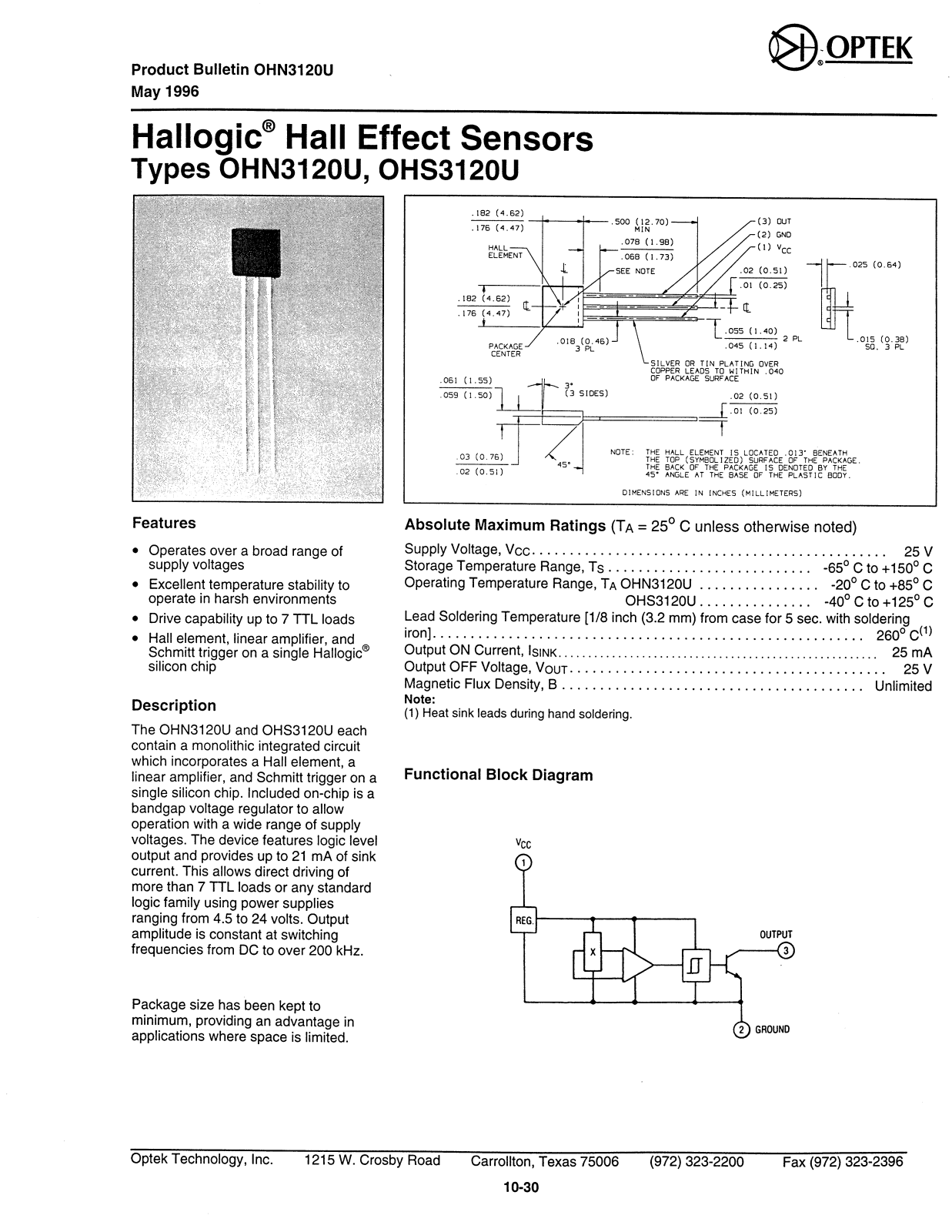 OPTEK OHS3120U, OHN3120U Datasheet