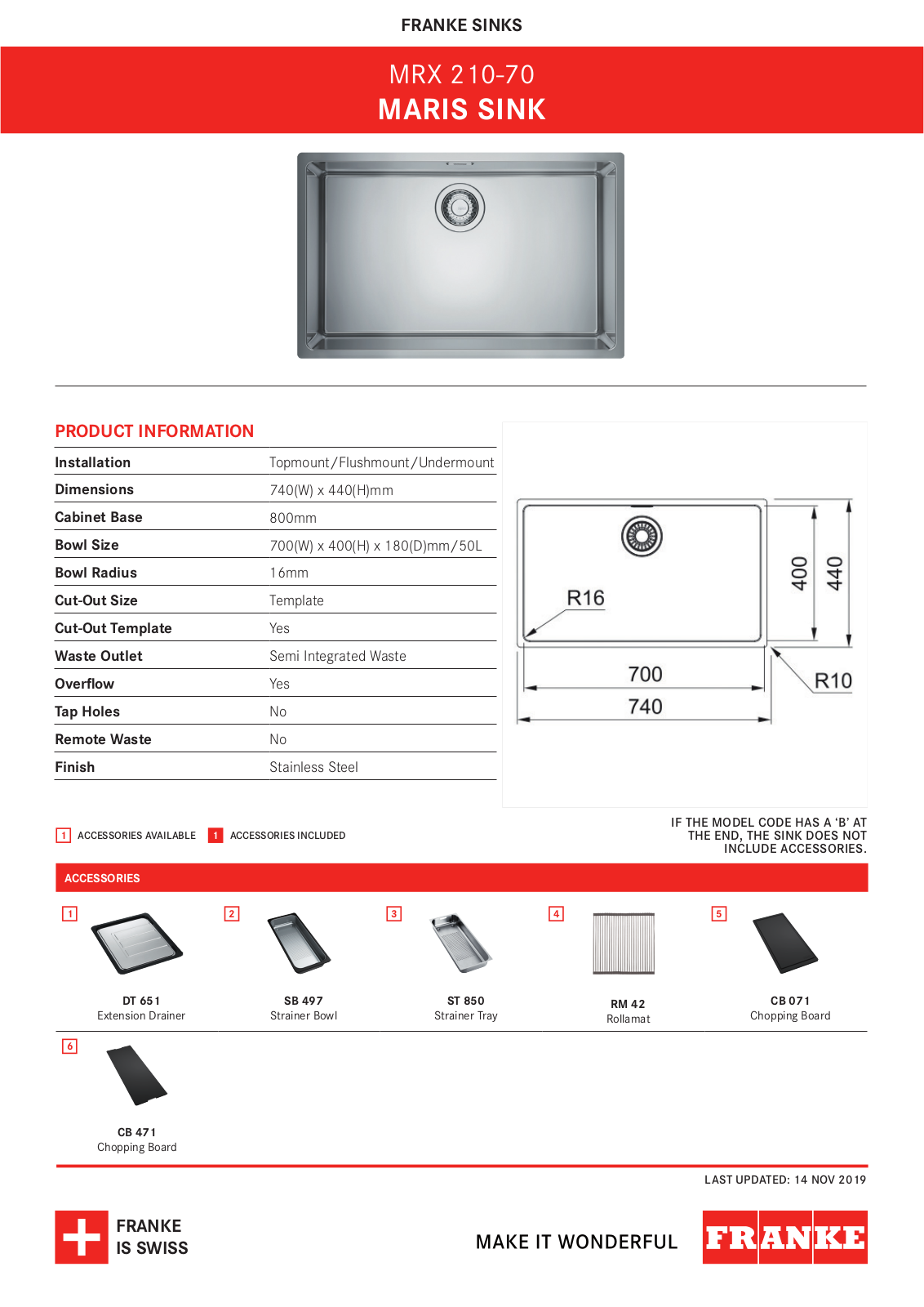 Franke MRX210-70 Specifications Sheet