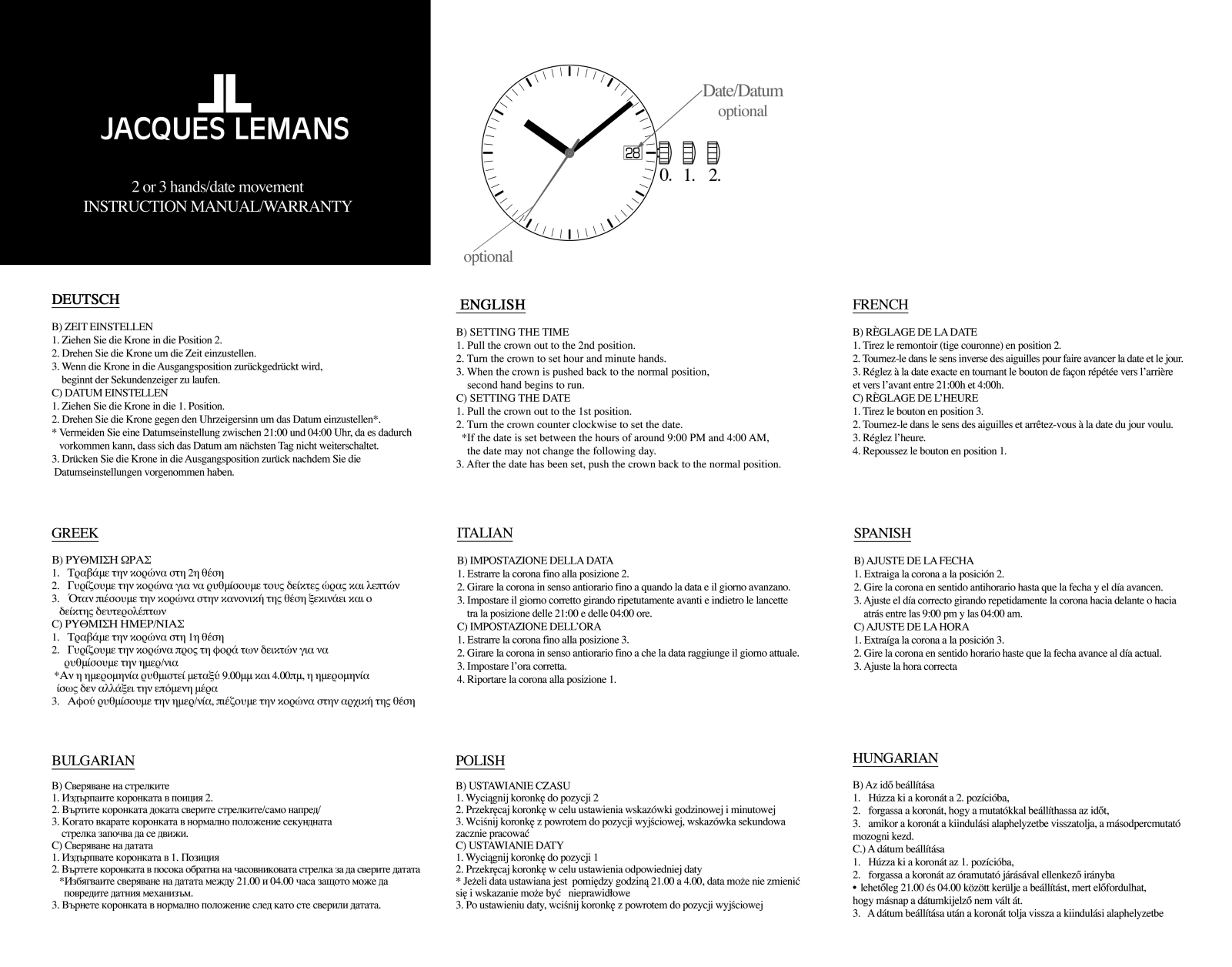 Jacques Lemans Milano 1-2001C-Set operation manual