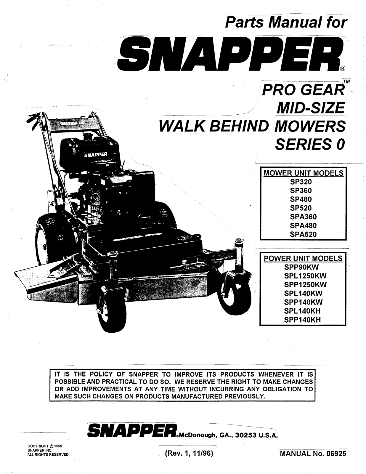 Snapper SP320, SP520, SPL1250KW, SPL140KH, SPL140KW User Manual