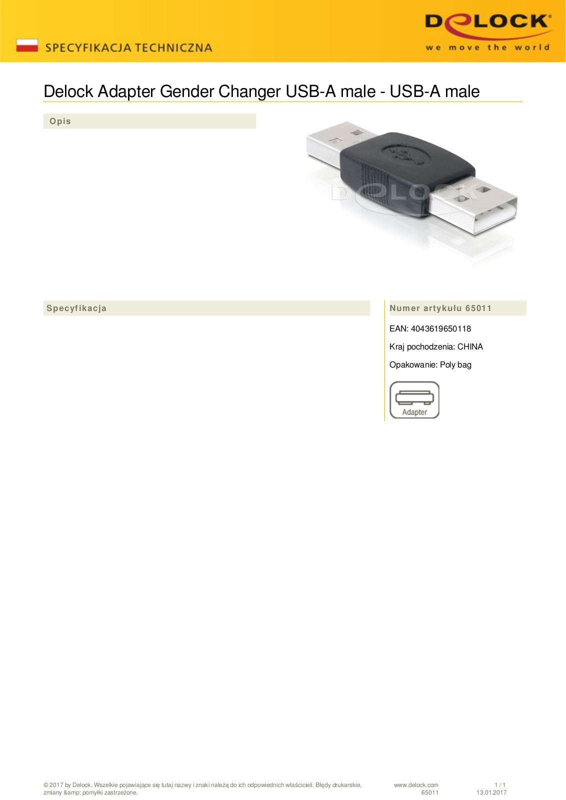 DeLOCK USB 2.0 adapter, USB-A  plug  to USB-A  plug User Manual