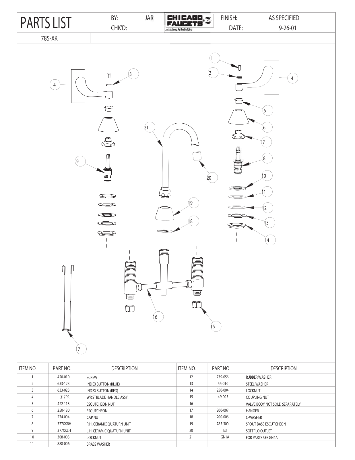 Chicago Faucet 785-XKCP Parts List