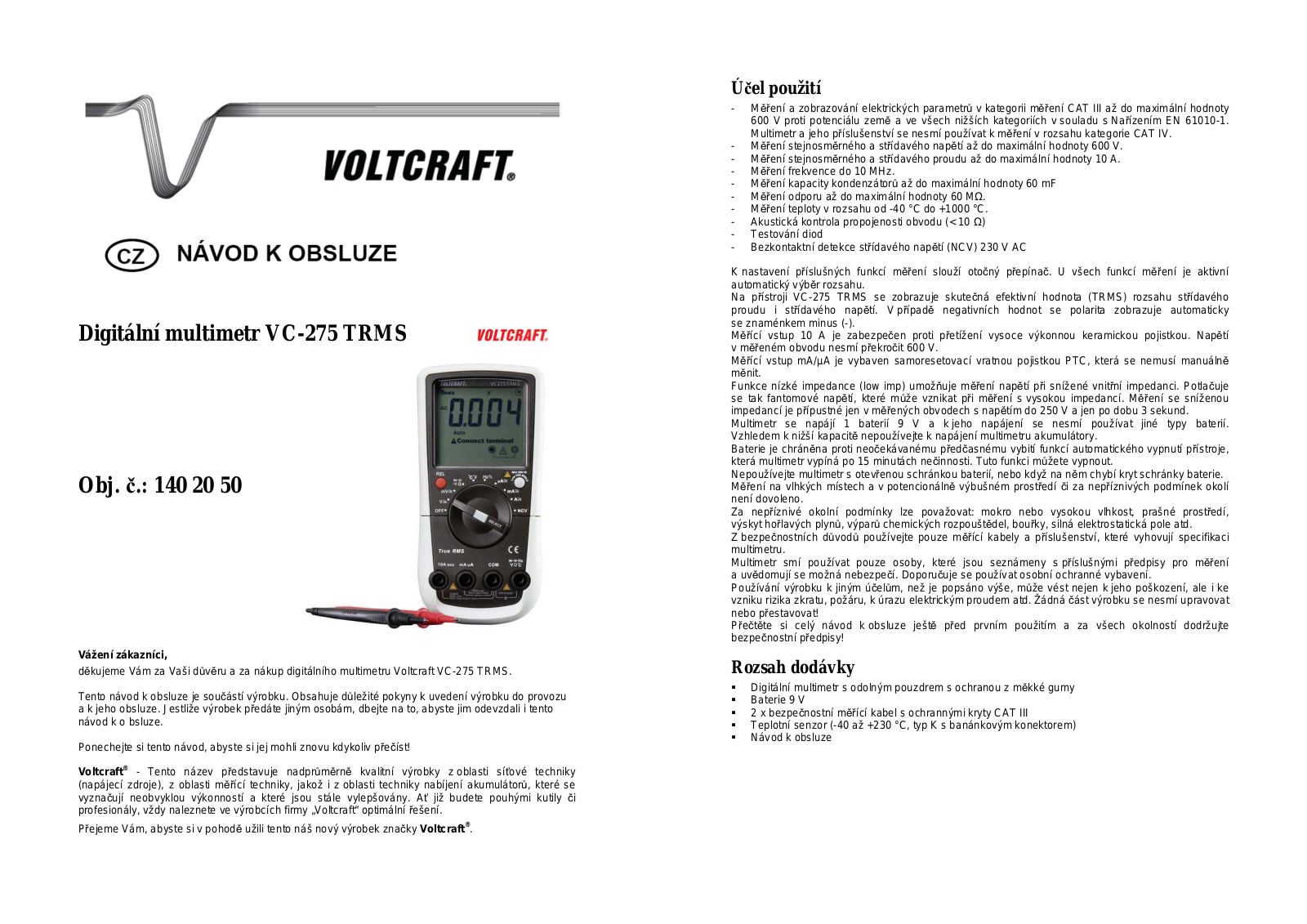 VOLTCRAFT VC275TRMS Operation Manual