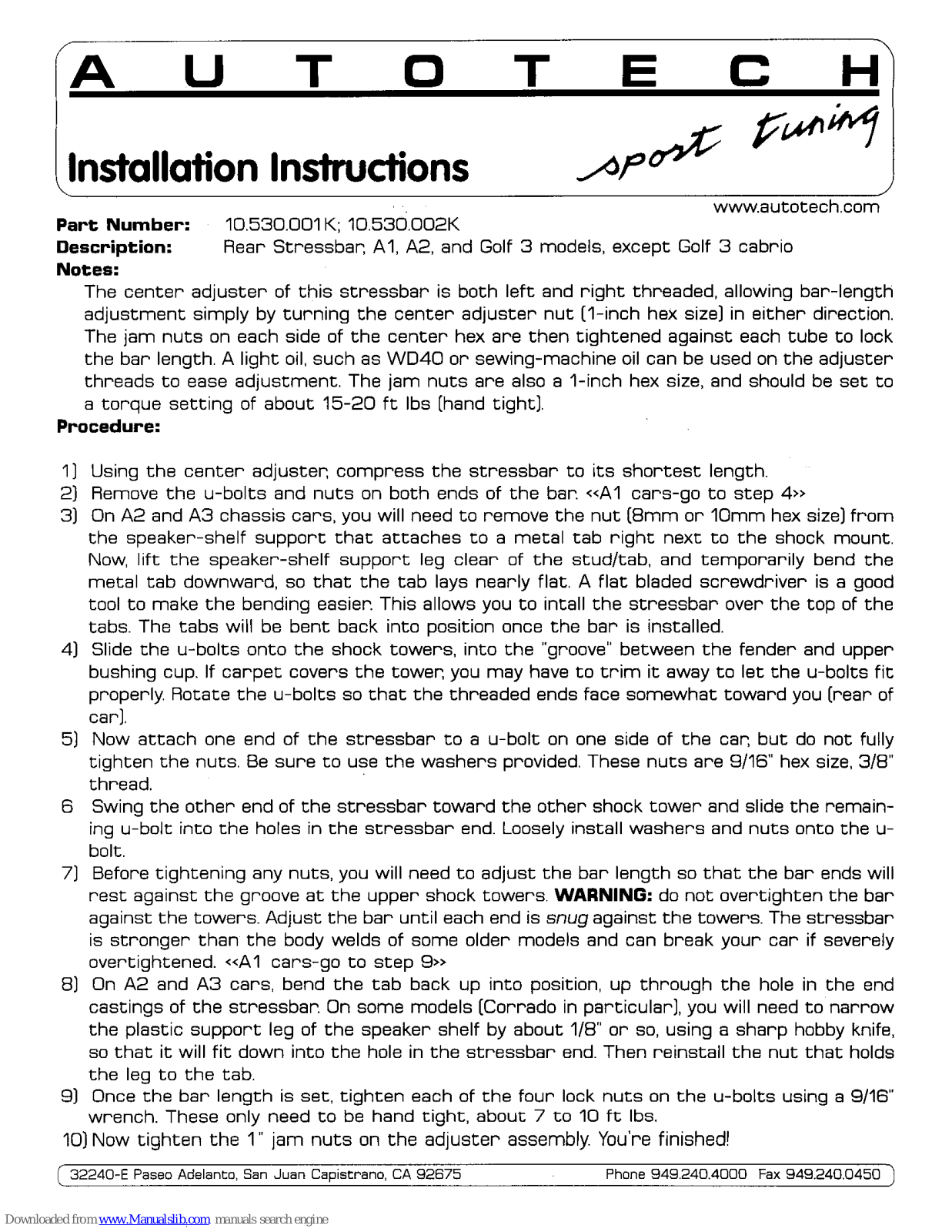 AUTOTECH 10.530.001K, 10.530.002K Installation Instructions Manual