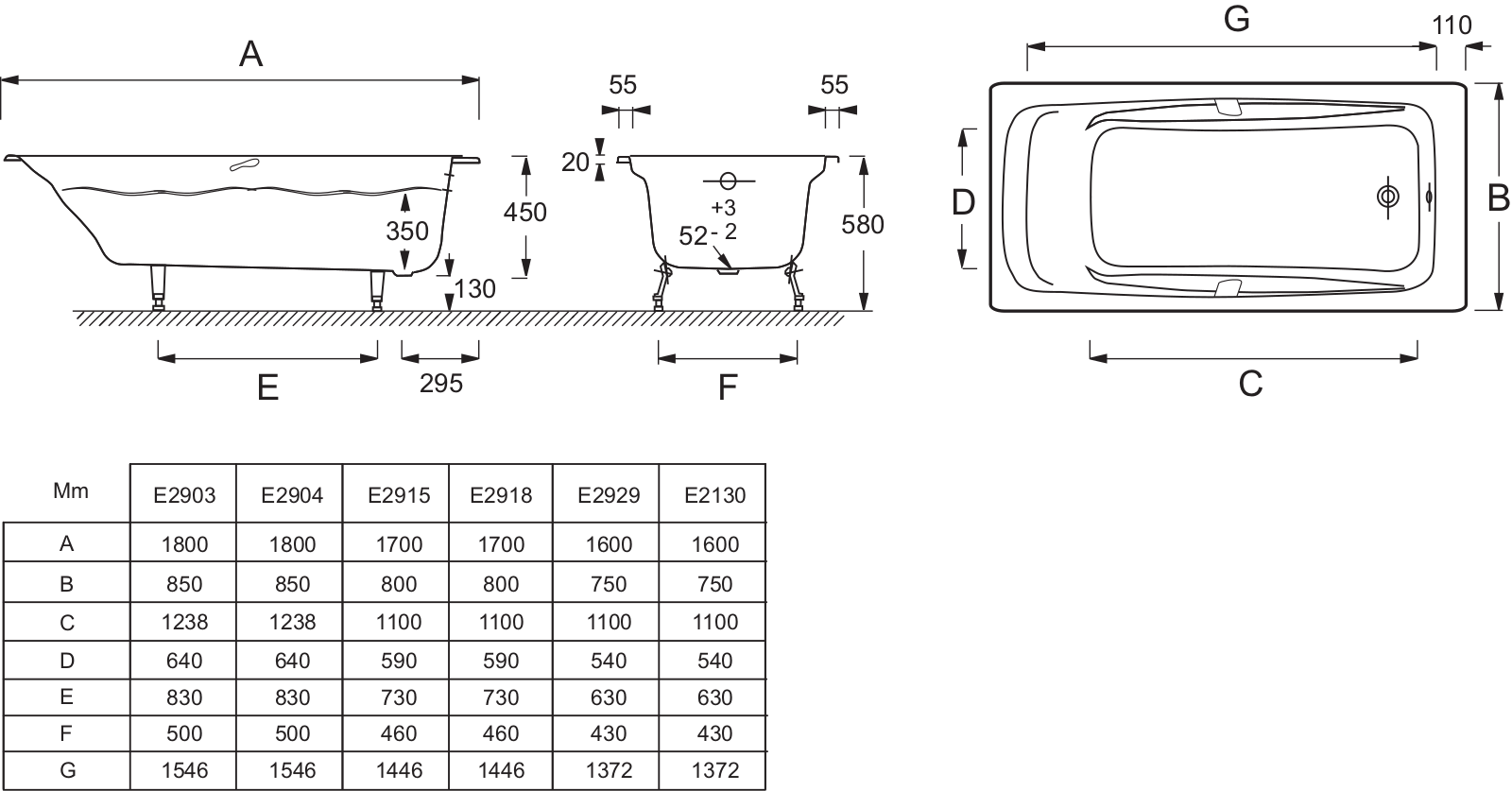 Jacob Delafon REPOS E2904-00, REPOS E2904-S-00, REPOS E2918-S-00 Dimensions