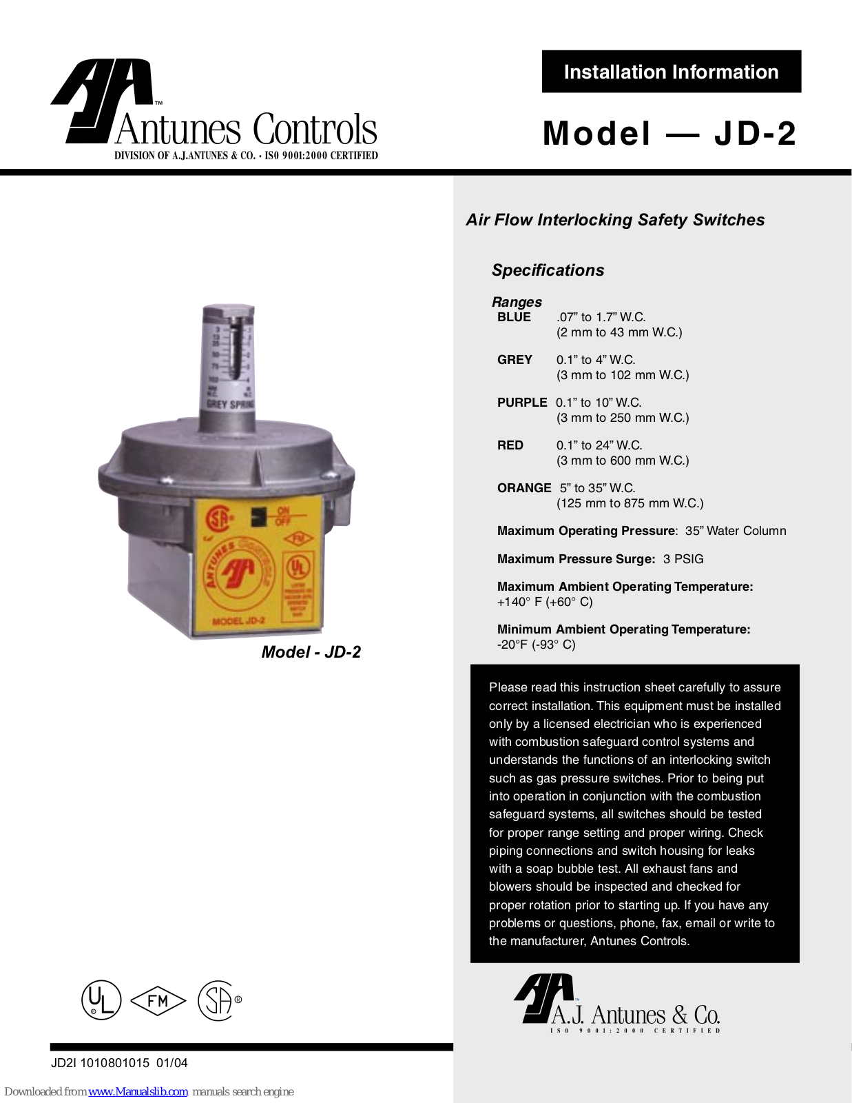 Antunes Controls JD-2 Installation Information - ManualMachine.com