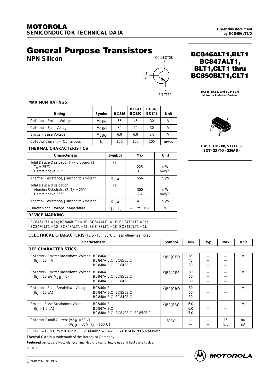 ON Semiconductor BC850BLT1, BC849CLT1, BC848CLT3, BC848CLT1, BC849BLT1 Datasheet