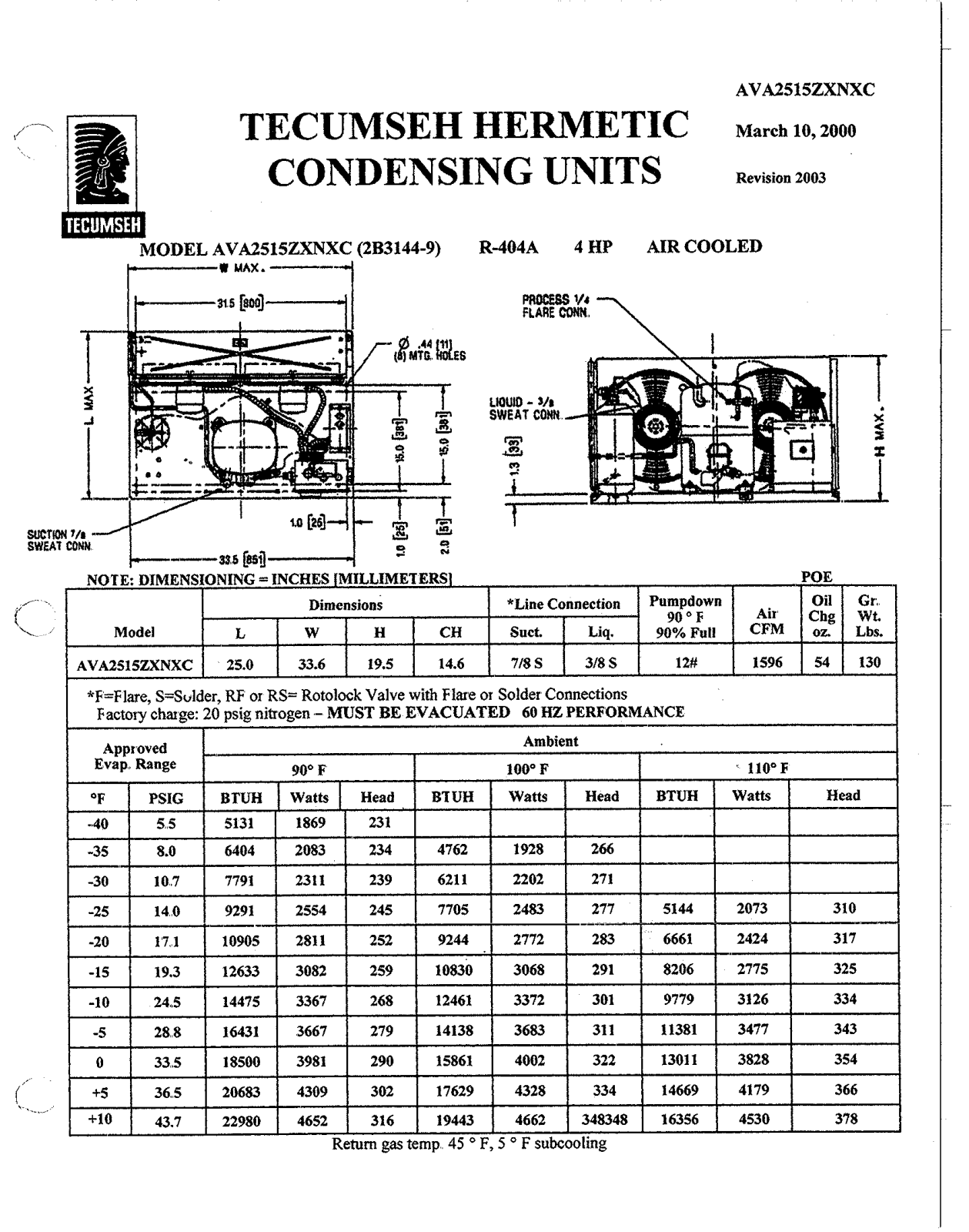 Tecumseh AVA2515ZXNXC Performance Data Sheet