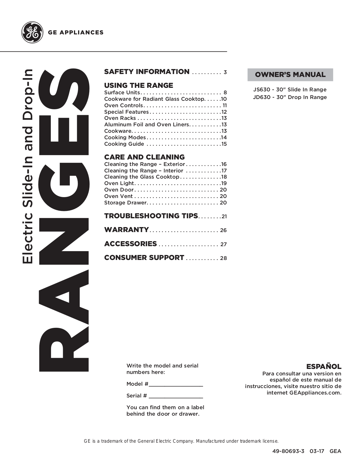 GE JS630SF5SS, JS630SF4SS, JS630SF3SS, JS630SF2SS, JS630DF5WW Owner’s Manual