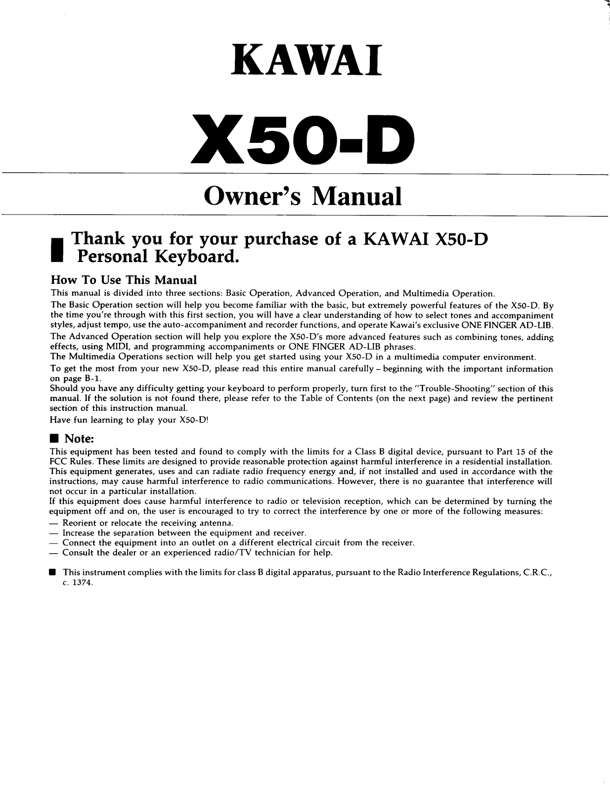 Kawai X50-D User Manual