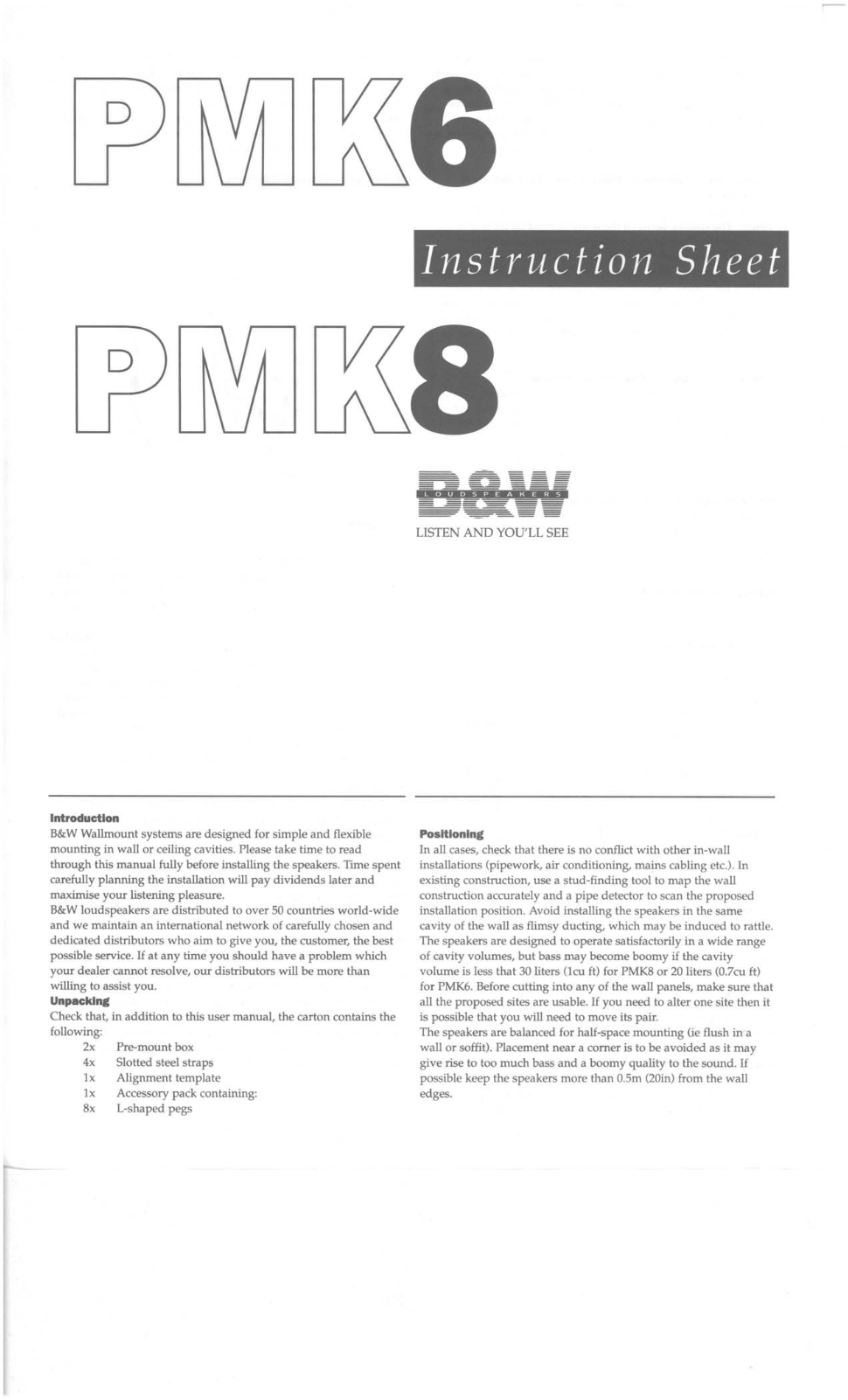 Bowers and Wilkins PMK-6, PMK-8 Owners manual